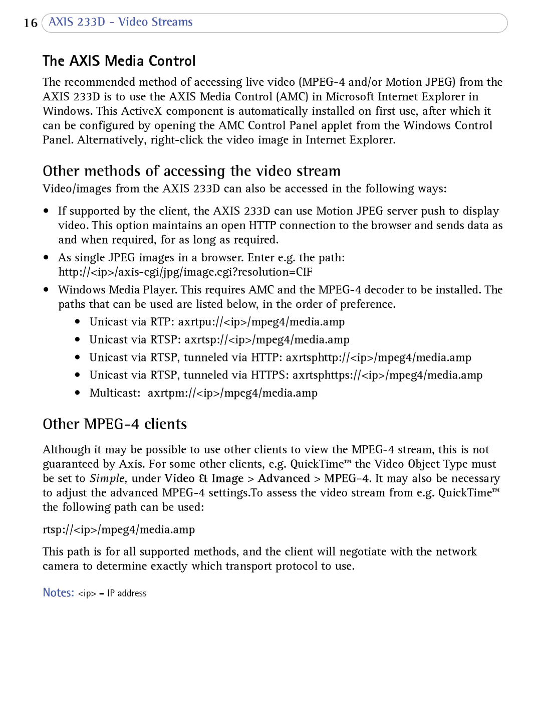 Axis Communications 233D user manual Axis Media Control, Other methods of accessing the video stream, Other MPEG-4 clients 