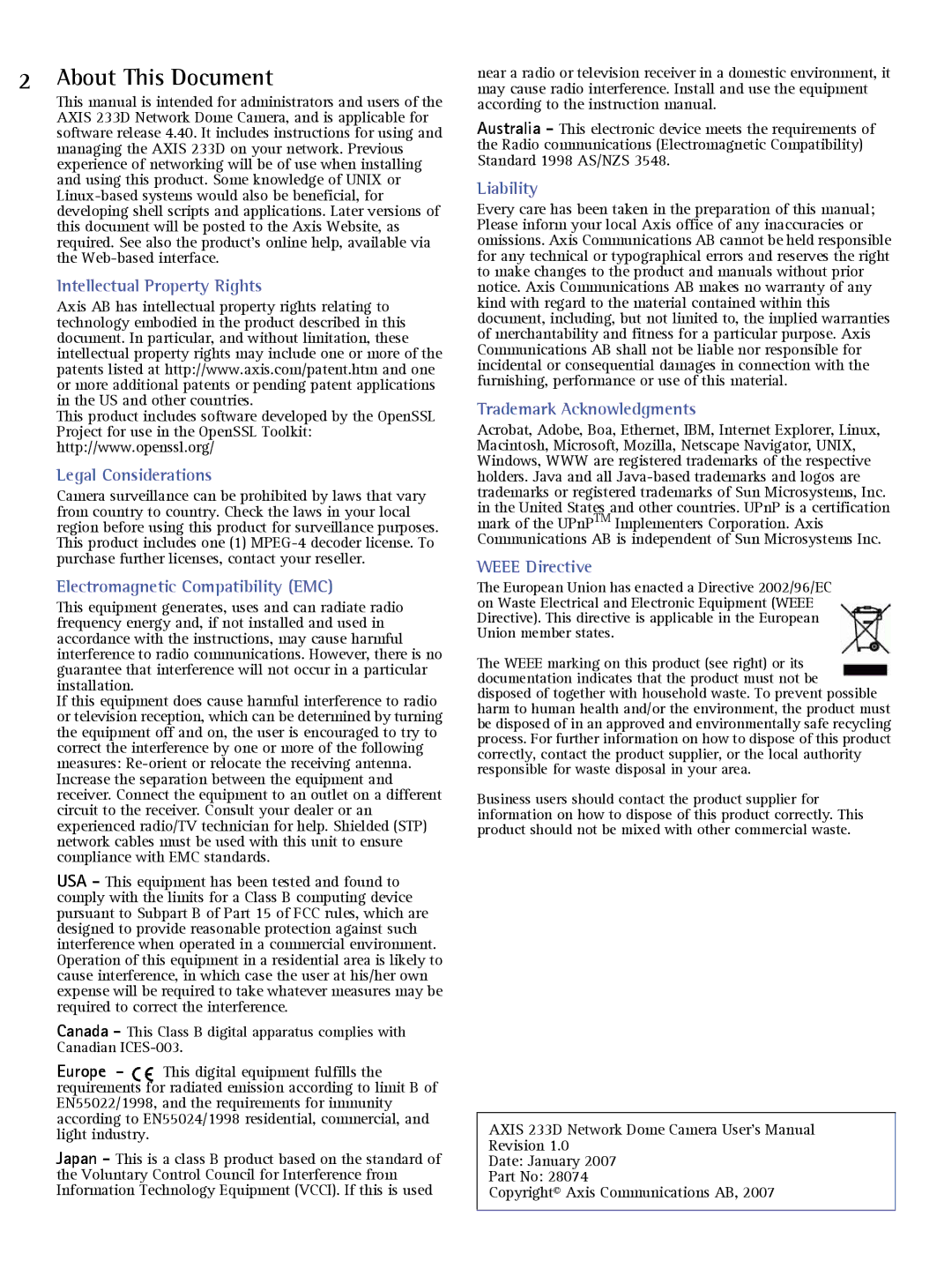 Axis Communications 233D user manual About This Document 