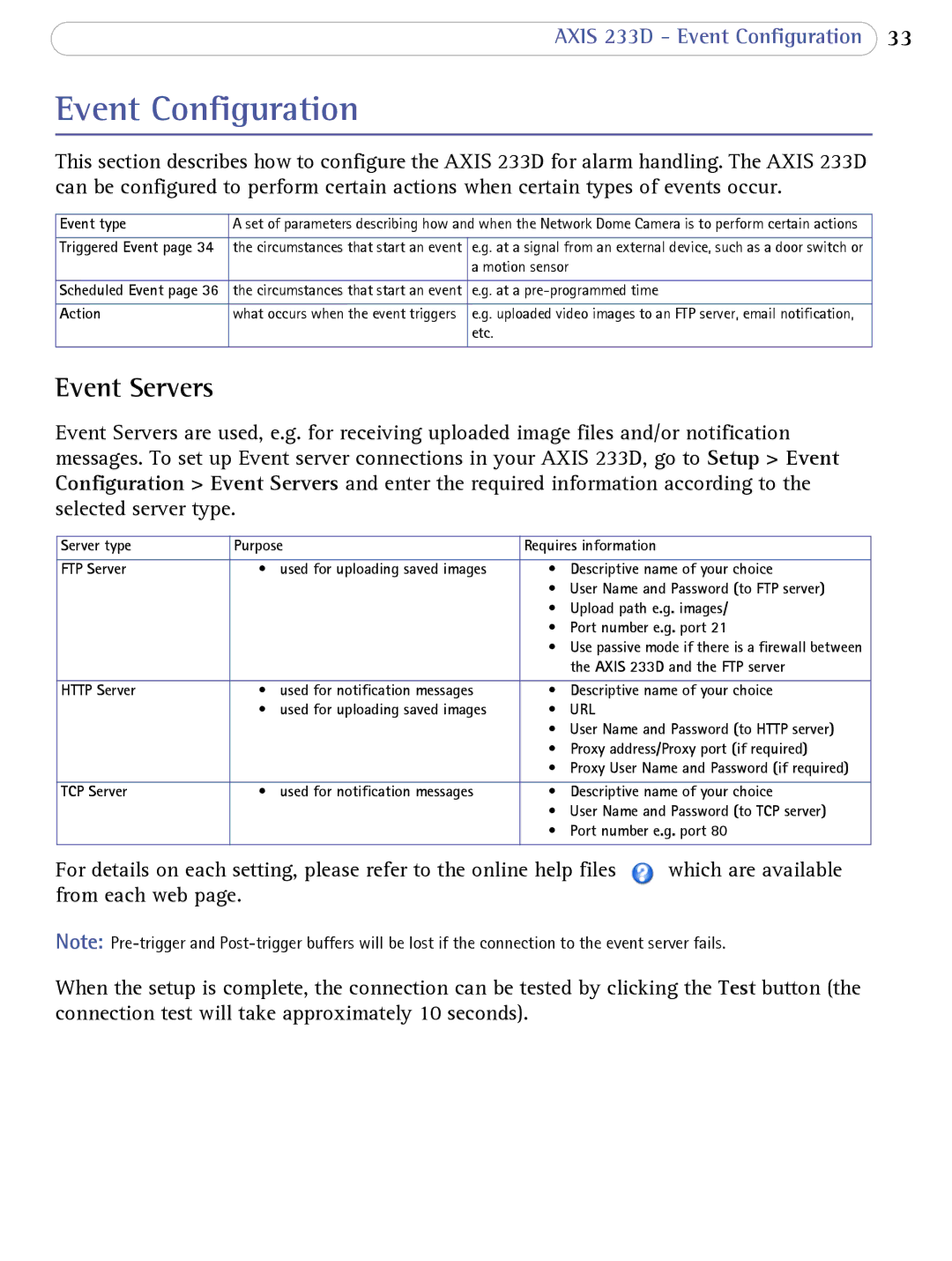 Axis Communications 233D user manual Event Configuration, Event Servers 