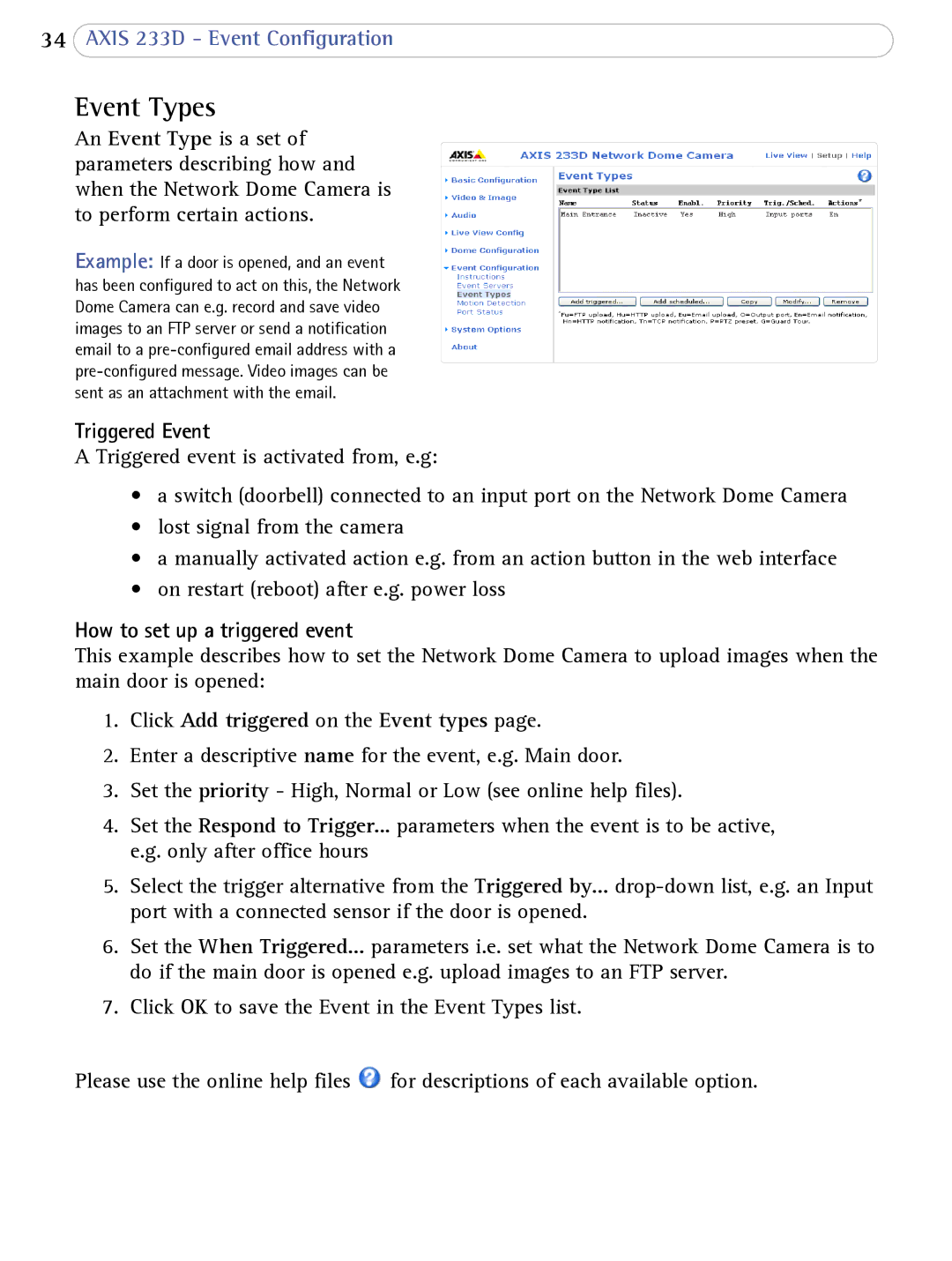 Axis Communications 233D user manual Event Types, Triggered Event, How to set up a triggered event 