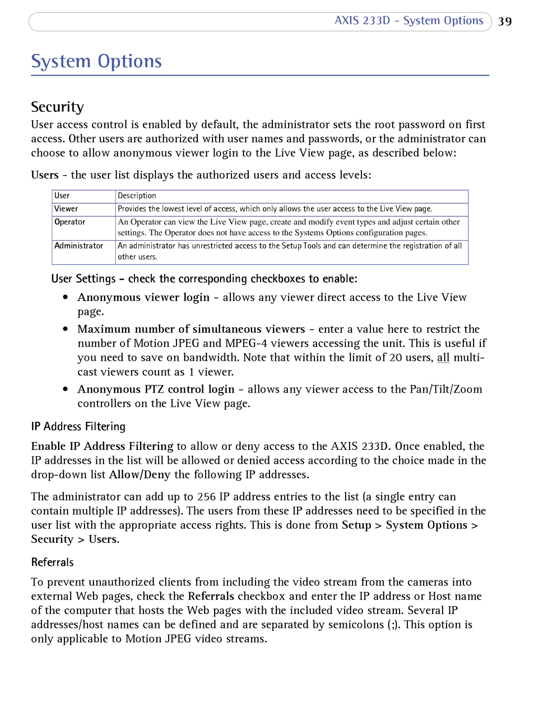 Axis Communications 233D System Options, Security, User Settings check the corresponding checkboxes to enable, Referrals 