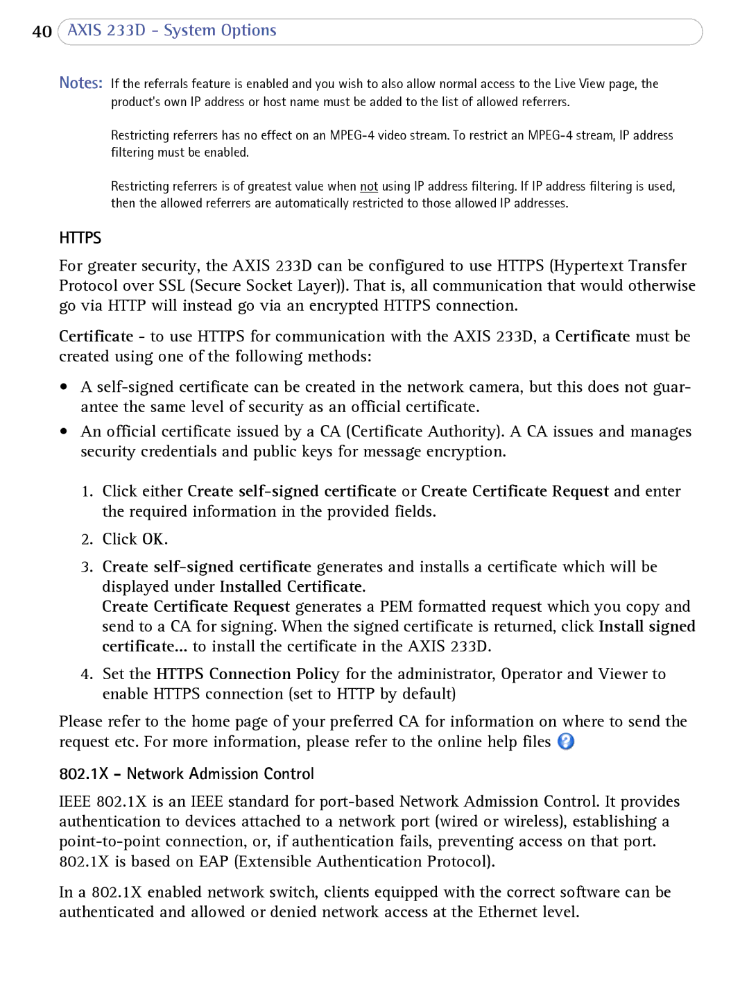 Axis Communications 233D user manual Https, 802.1X Network Admission Control 