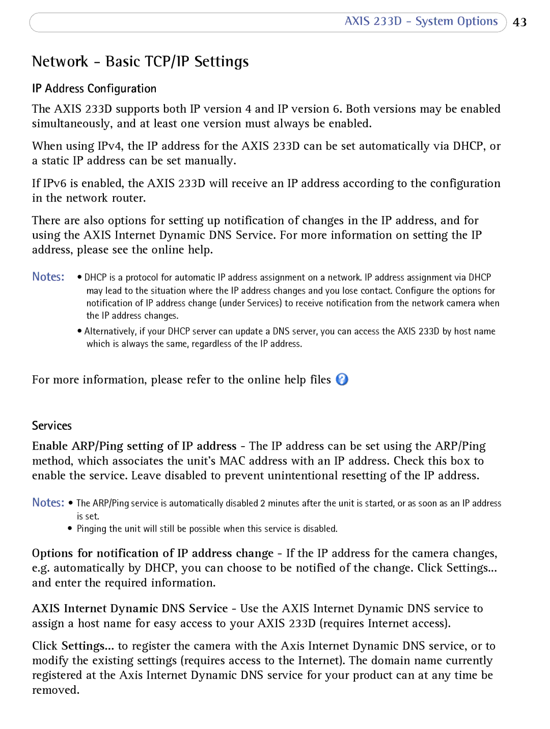 Axis Communications 233D user manual Network Basic TCP/IP Settings, IP Address Configuration, Services 