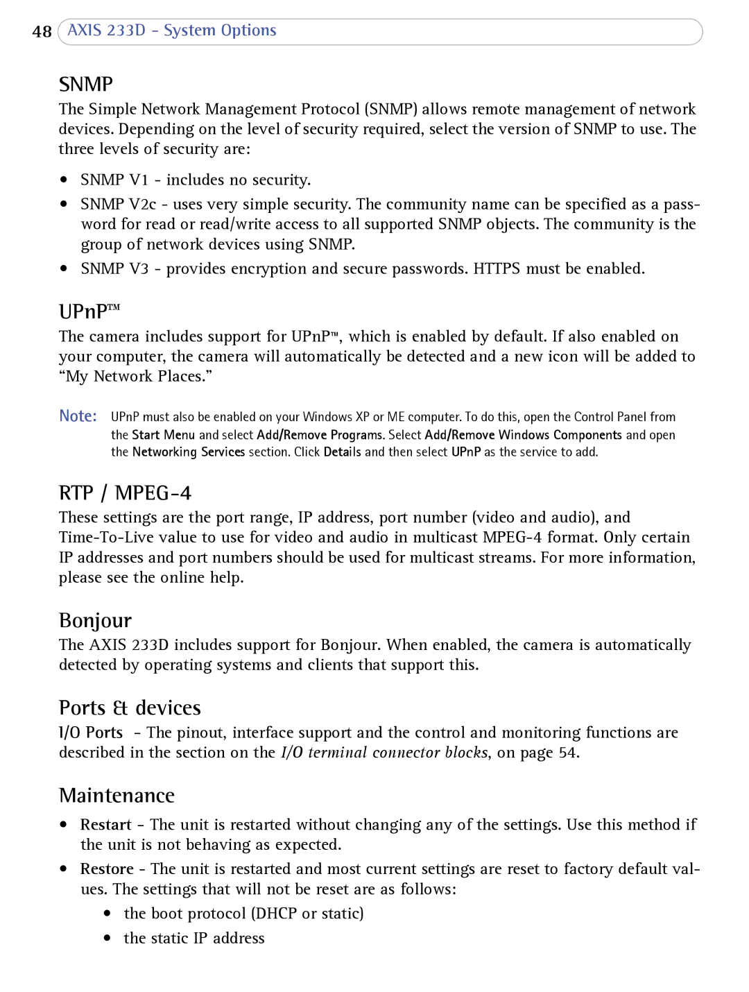 Axis Communications 233D user manual UPnP, Bonjour, Ports & devices, Maintenance 