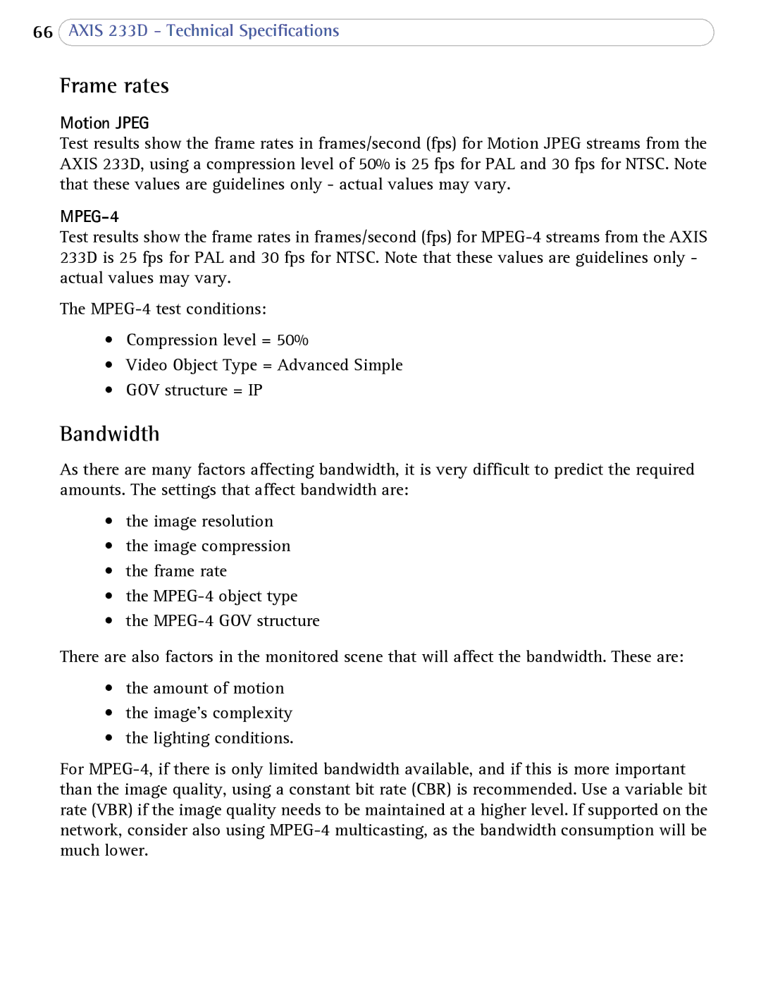 Axis Communications 233D user manual Frame rates, Bandwidth 