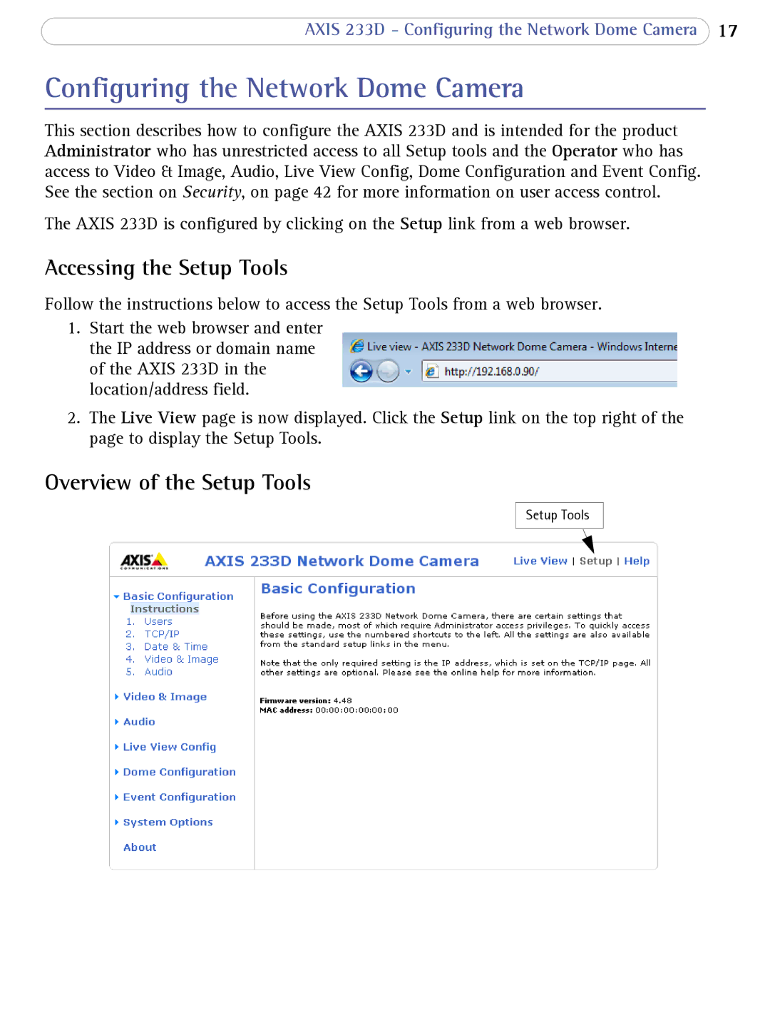Axis Communications 233D Configuring the Network Dome Camera, Accessing the Setup Tools, Overview of the Setup Tools 