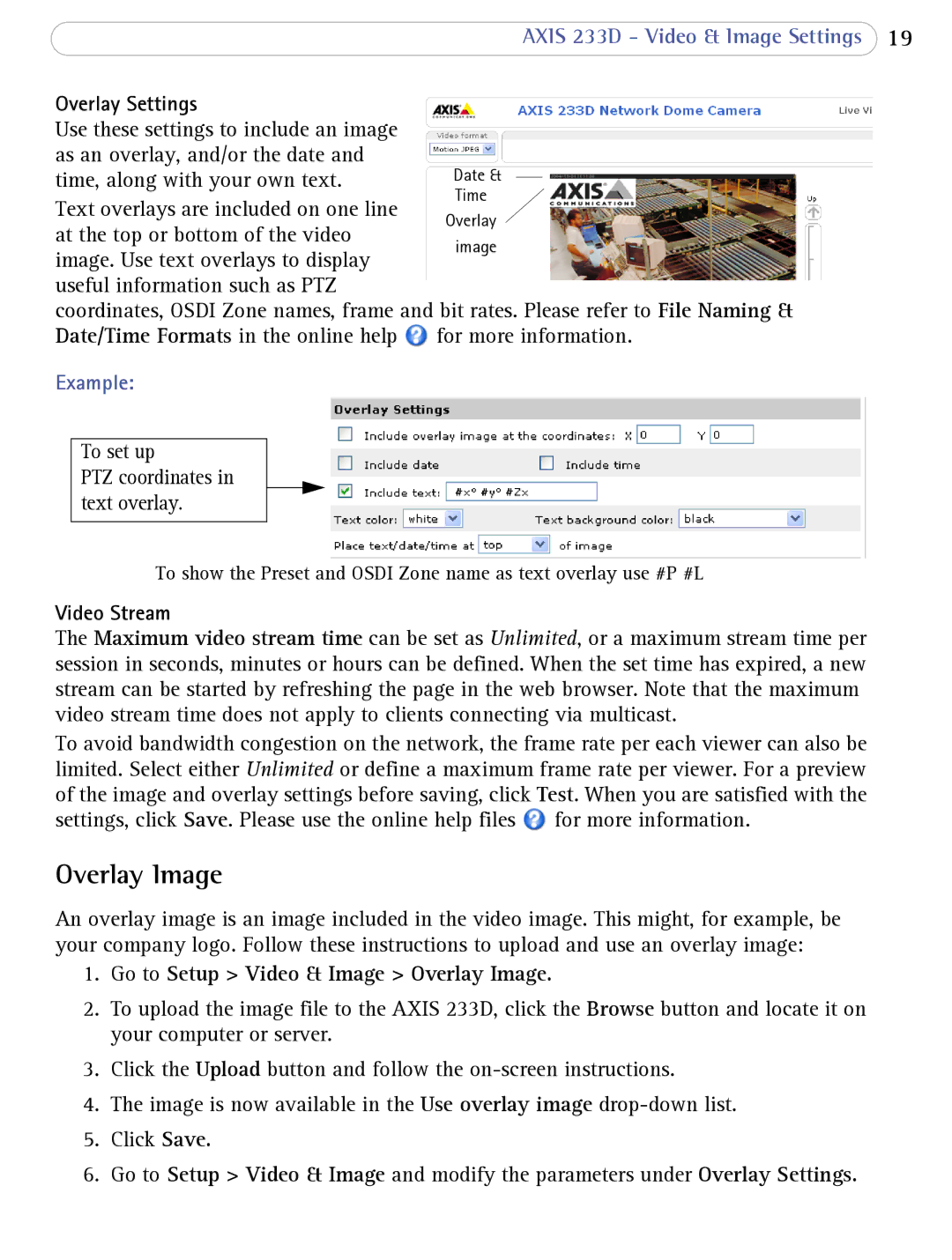 Axis Communications 233D user manual Overlay Image, Overlay Settings, Date/Time Formats in the online help, Video Stream 