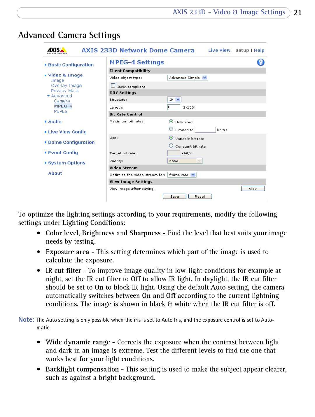 Axis Communications 233D user manual Advanced Camera Settings 