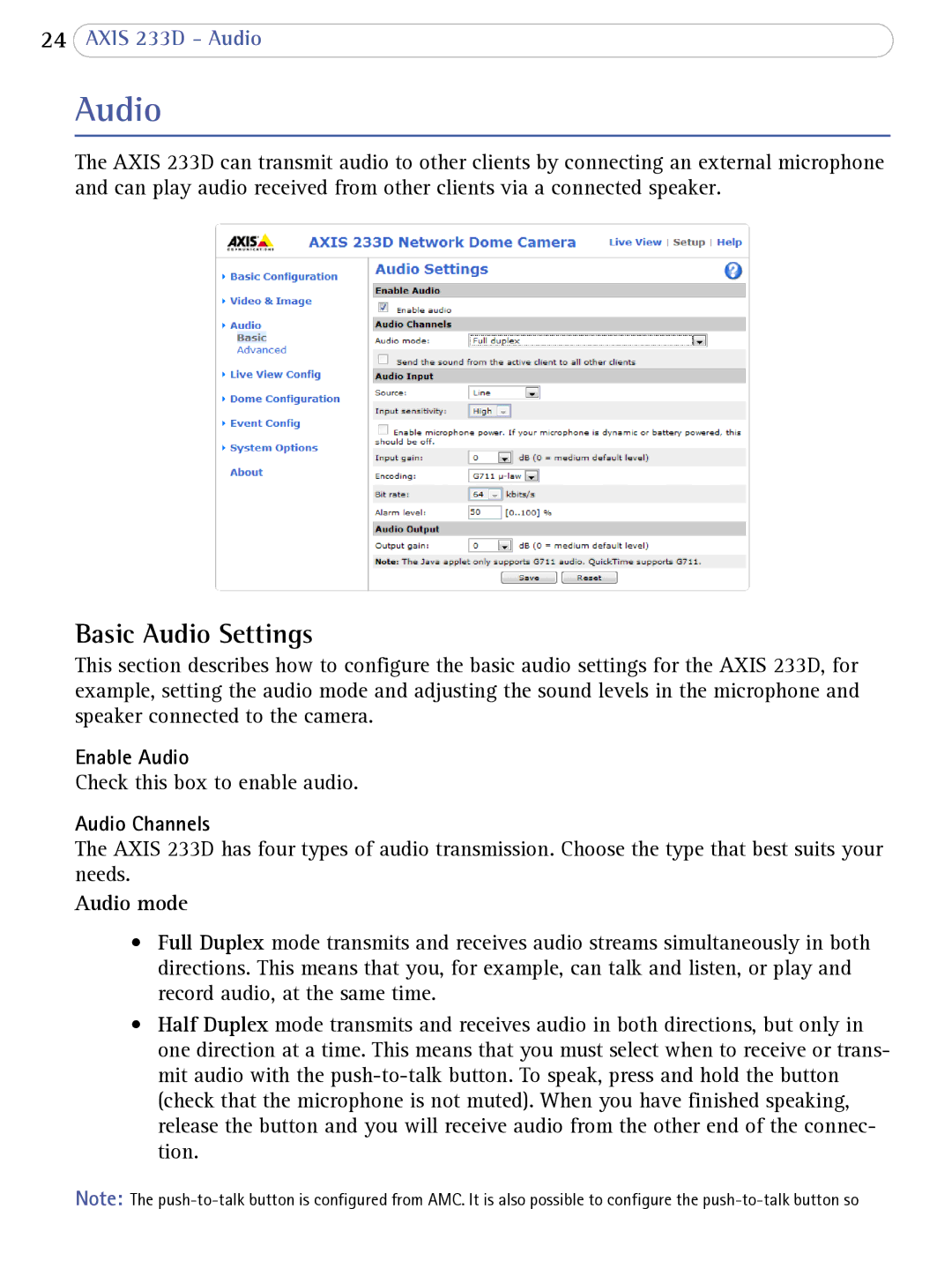 Axis Communications 233D user manual Basic Audio Settings, Enable Audio, Audio Channels, Audio mode 