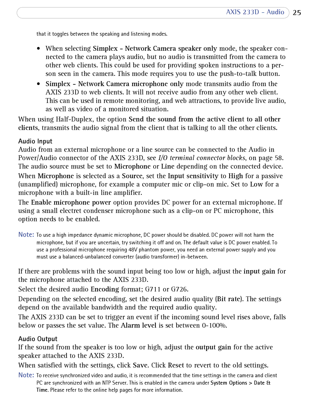 Axis Communications 233D user manual Audio Input, Audio Output 