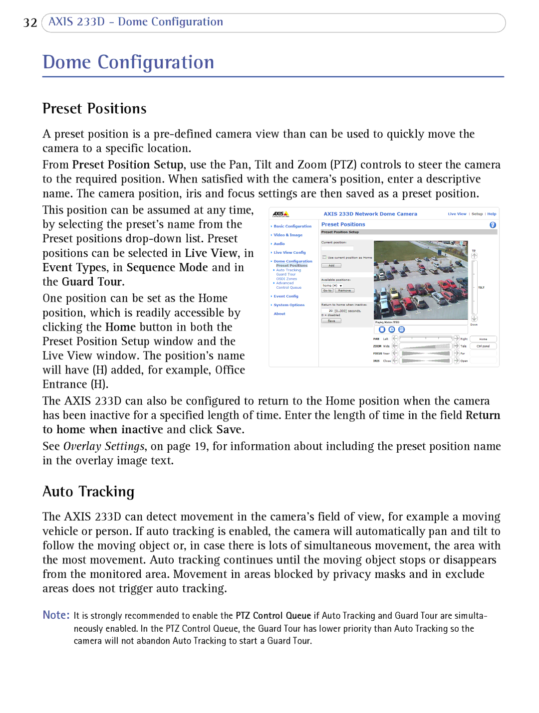 Axis Communications 233D user manual Dome Configuration, Preset Positions, Auto Tracking 