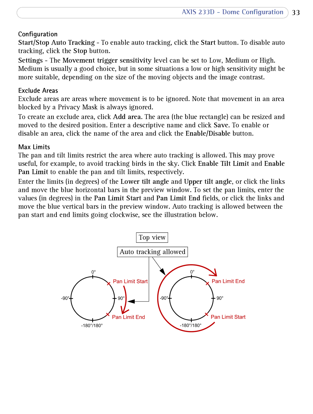 Axis Communications 233D user manual Configuration, Exclude Areas, Max Limits 