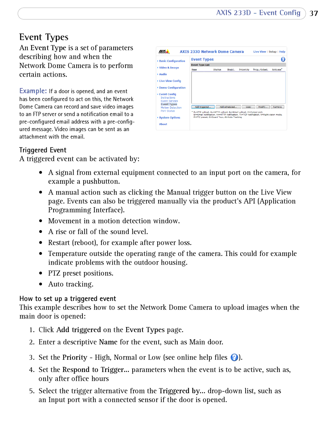 Axis Communications 233D user manual Event Types, Triggered Event, How to set up a triggered event 