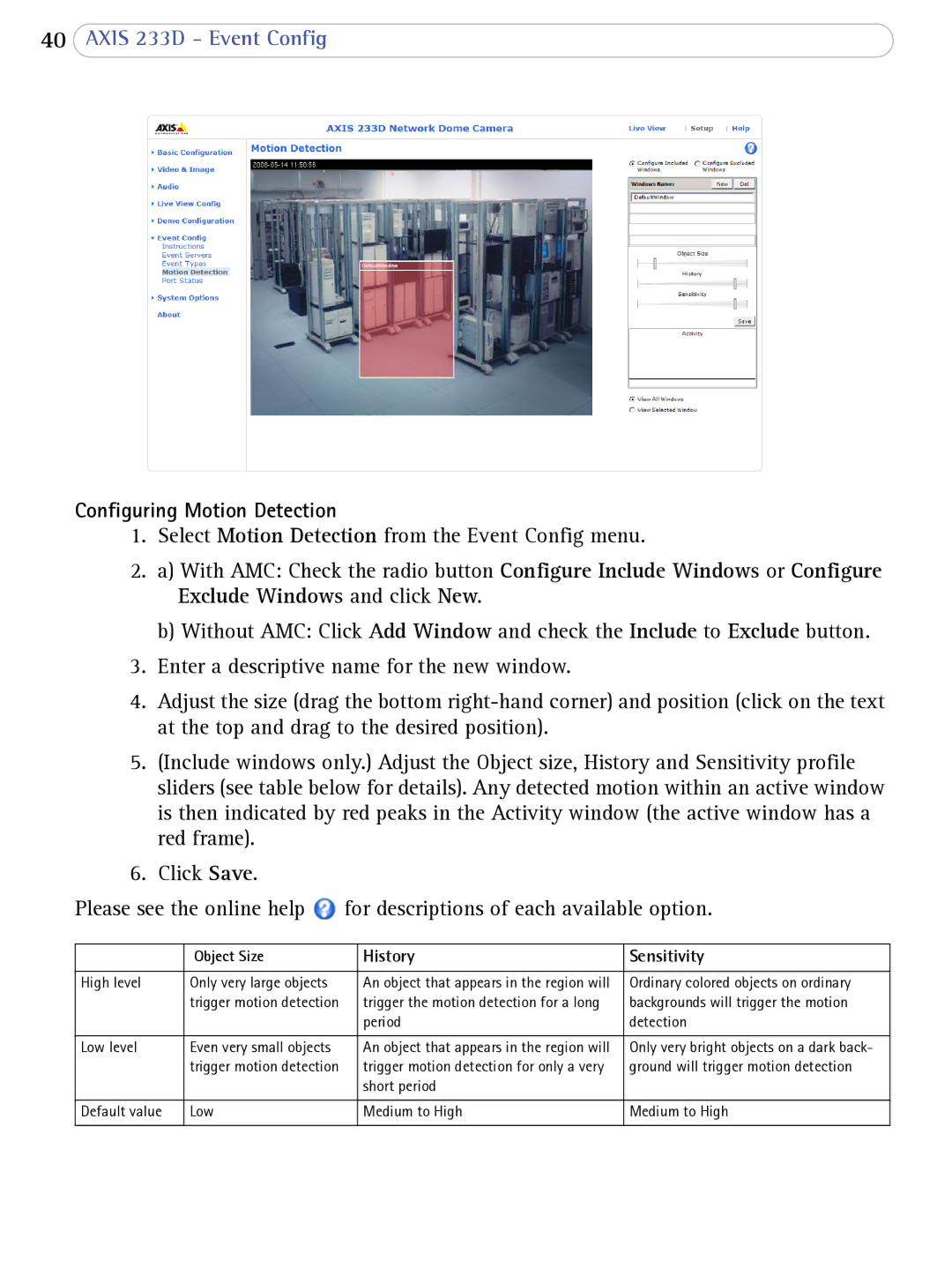 Axis Communications 233D user manual Configuring Motion Detection, Object Size 