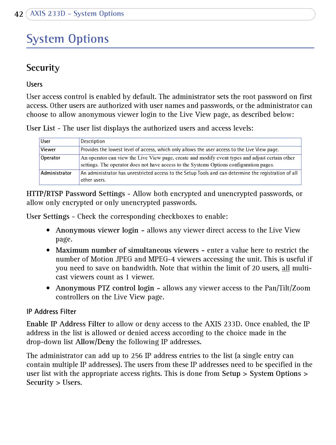 Axis Communications 233D user manual System Options, Security, Users, IP Address Filter 