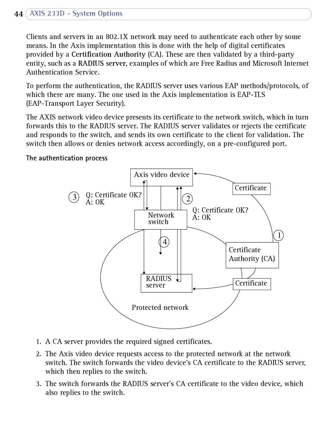 Axis Communications 233D user manual Authentication process, Radius 