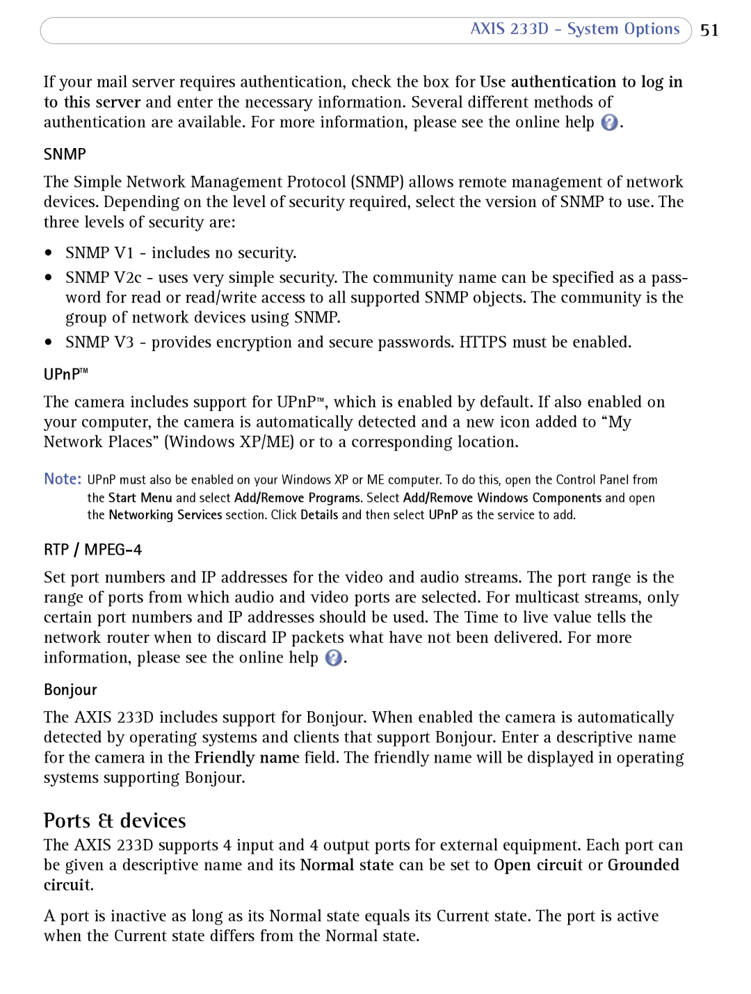 Axis Communications 233D user manual Ports & devices, UPnP, Bonjour 