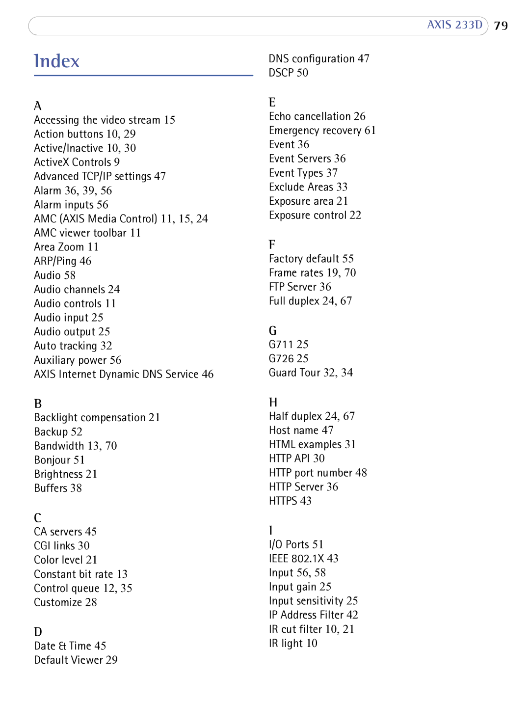 Axis Communications 233D user manual Index, Dscp 