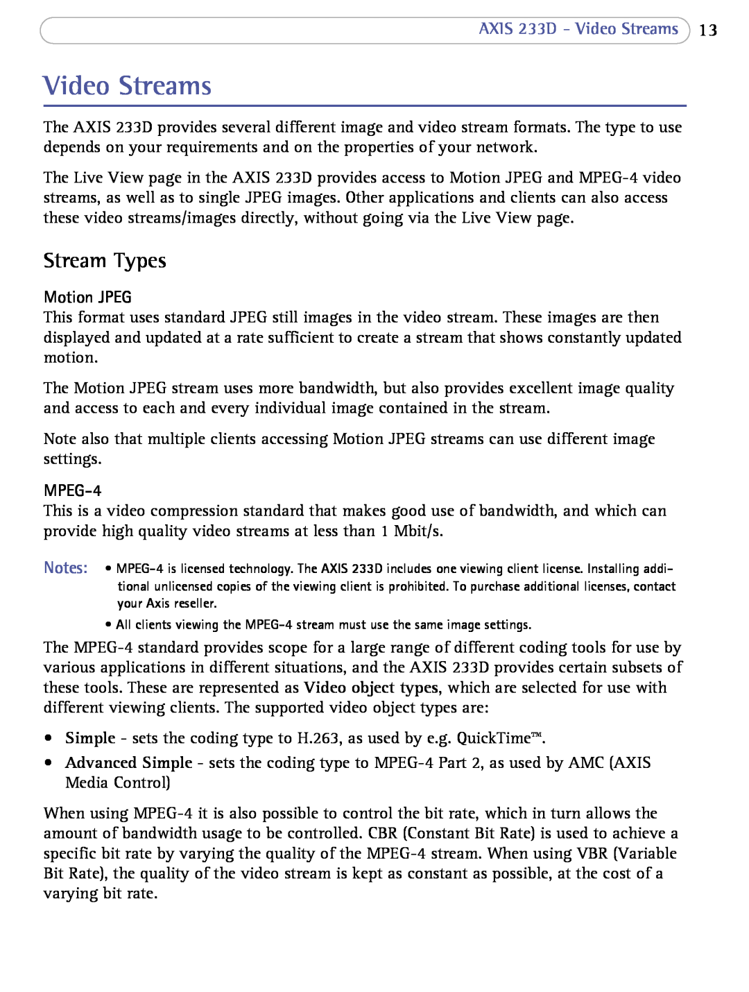 Axis Communications user manual Stream Types, AXIS 233D - Video Streams, Motion JPEG, MPEG-4 