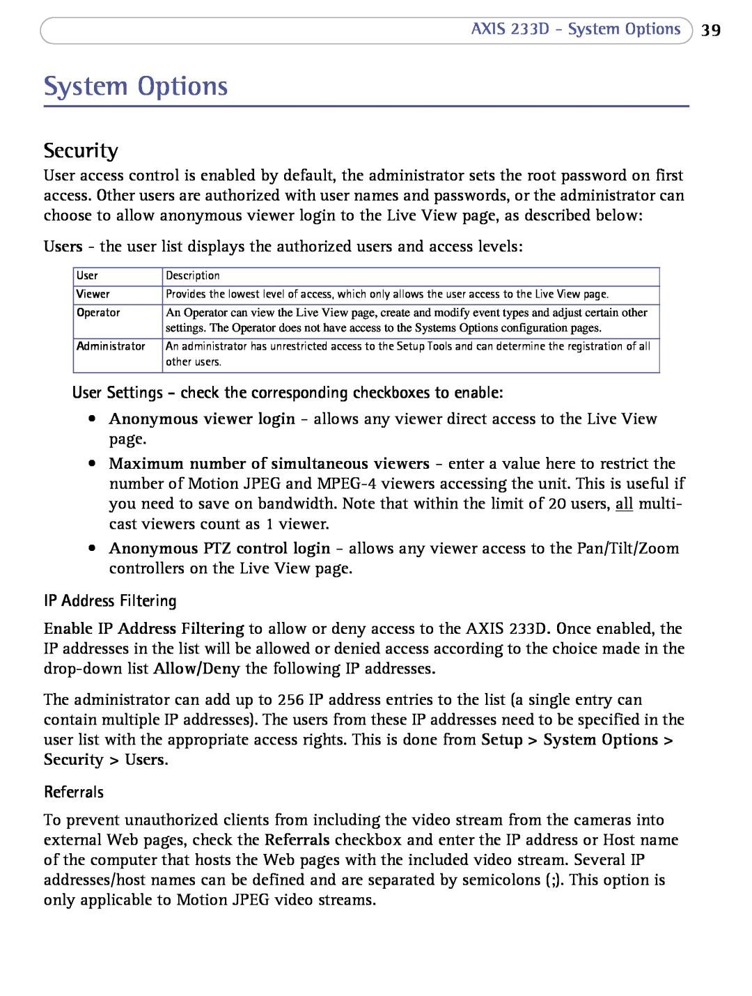 Axis Communications user manual Security, AXIS 233D - System Options, IP Address Filtering, Referrals 