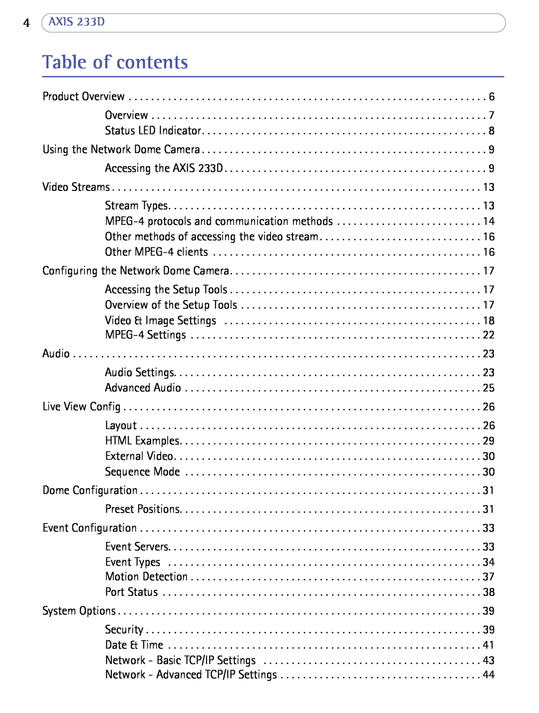 Axis Communications user manual Table of contents, AXIS 233D, Configuring the Network Dome Camera 