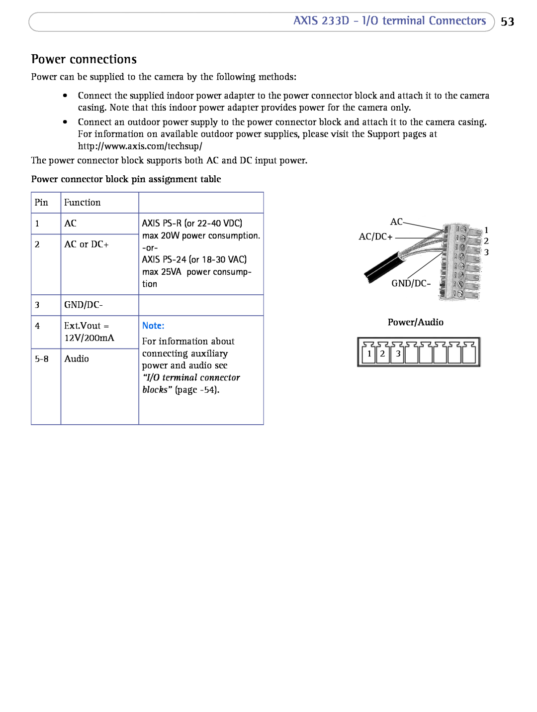 Axis Communications user manual Power connections, AXIS 233D - I/O terminal Connectors, “I/O terminal connector 