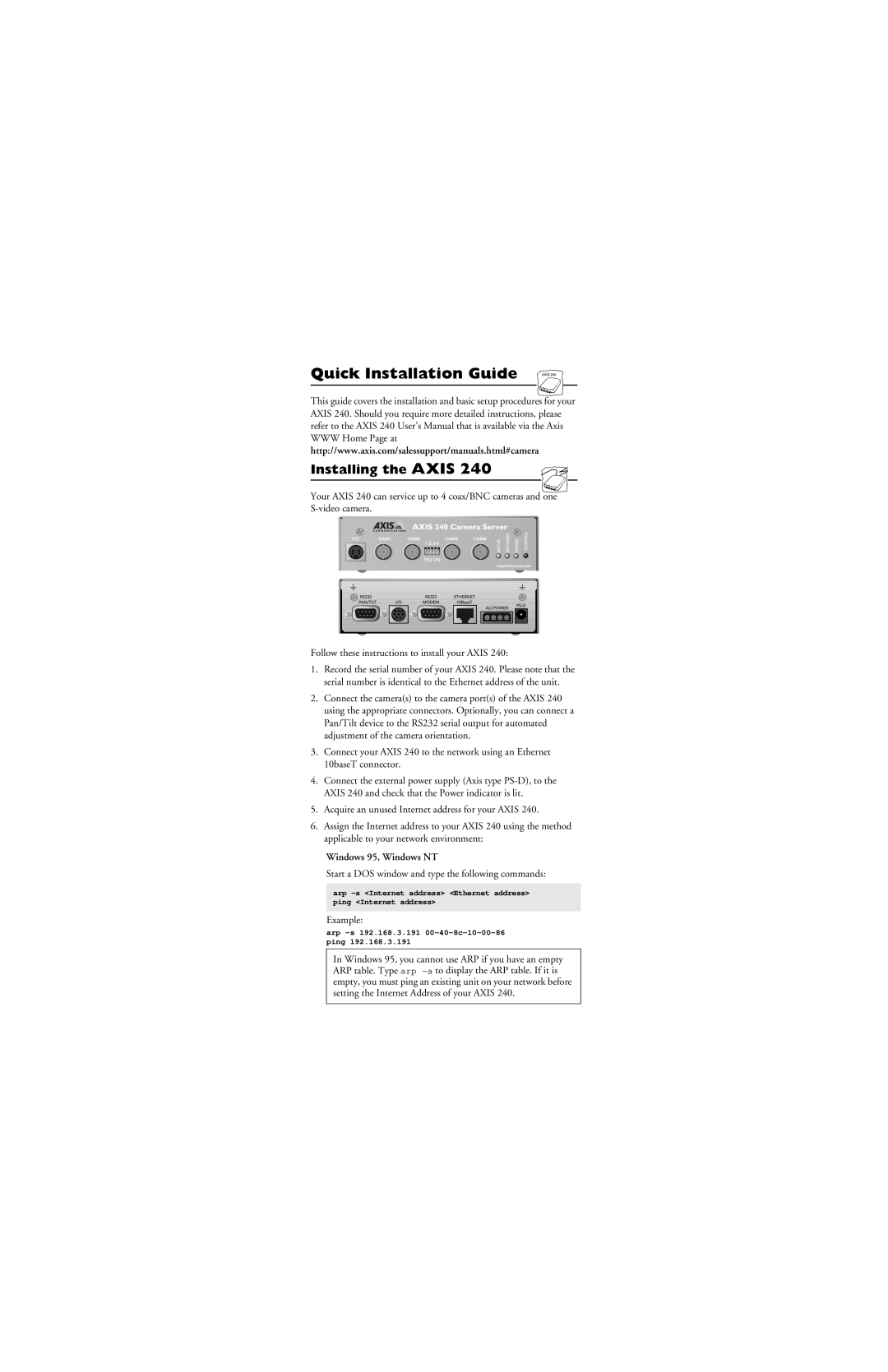 Axis Communications 240 manual Windows 95, Windows NT, Quick Installation Guide, Installing the AXIS 