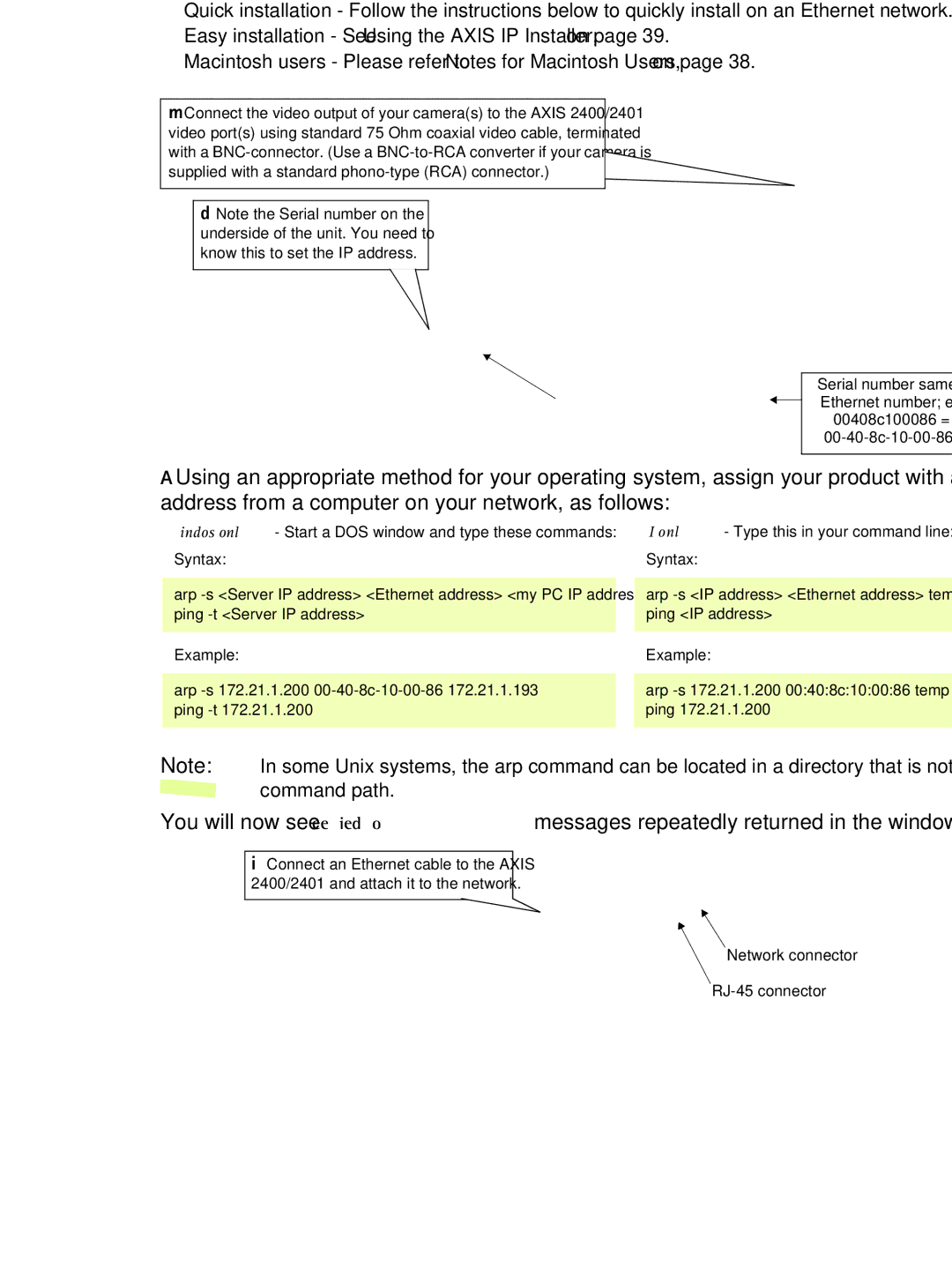 Axis Communications manual Axis 2400/2401 Admin Manual Installing on a Network, 00408c100086 = 00-40-8c-10-00-86 