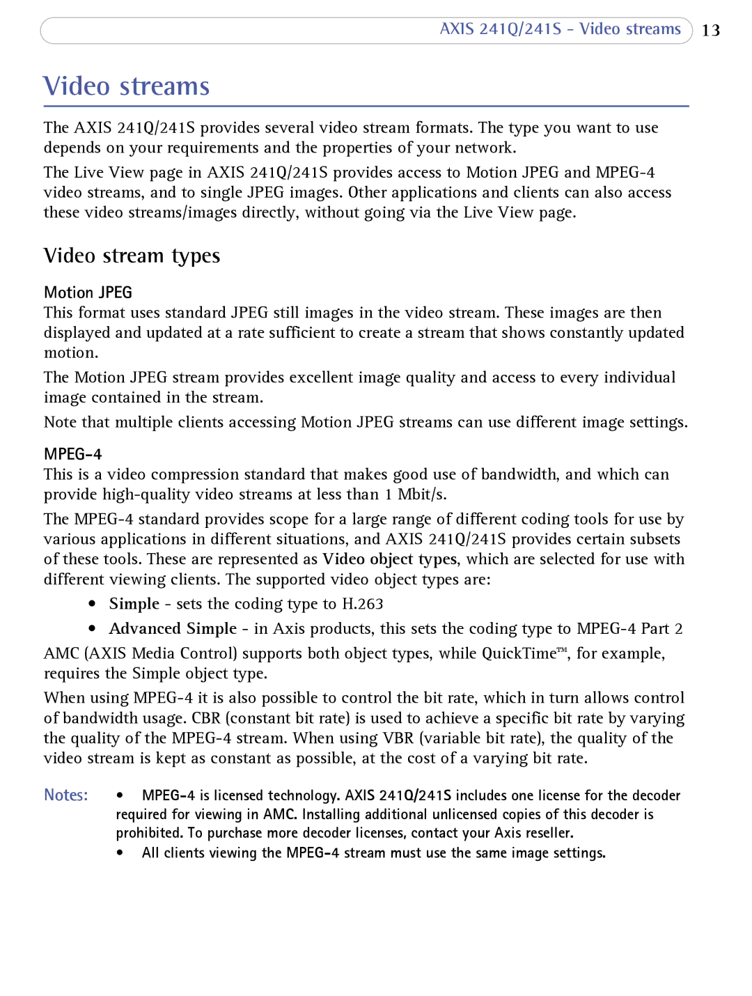 Axis Communications 241Q user manual Video streams, Video stream types, Motion Jpeg 