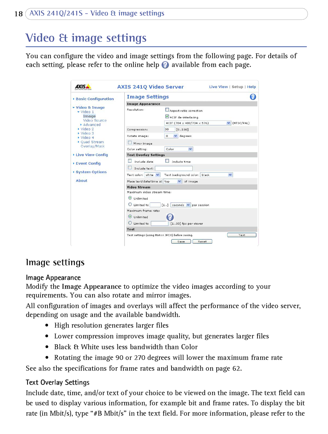 Axis Communications 241Q user manual Video & image settings, Image settings, Image Appearance, Text Overlay Settings 