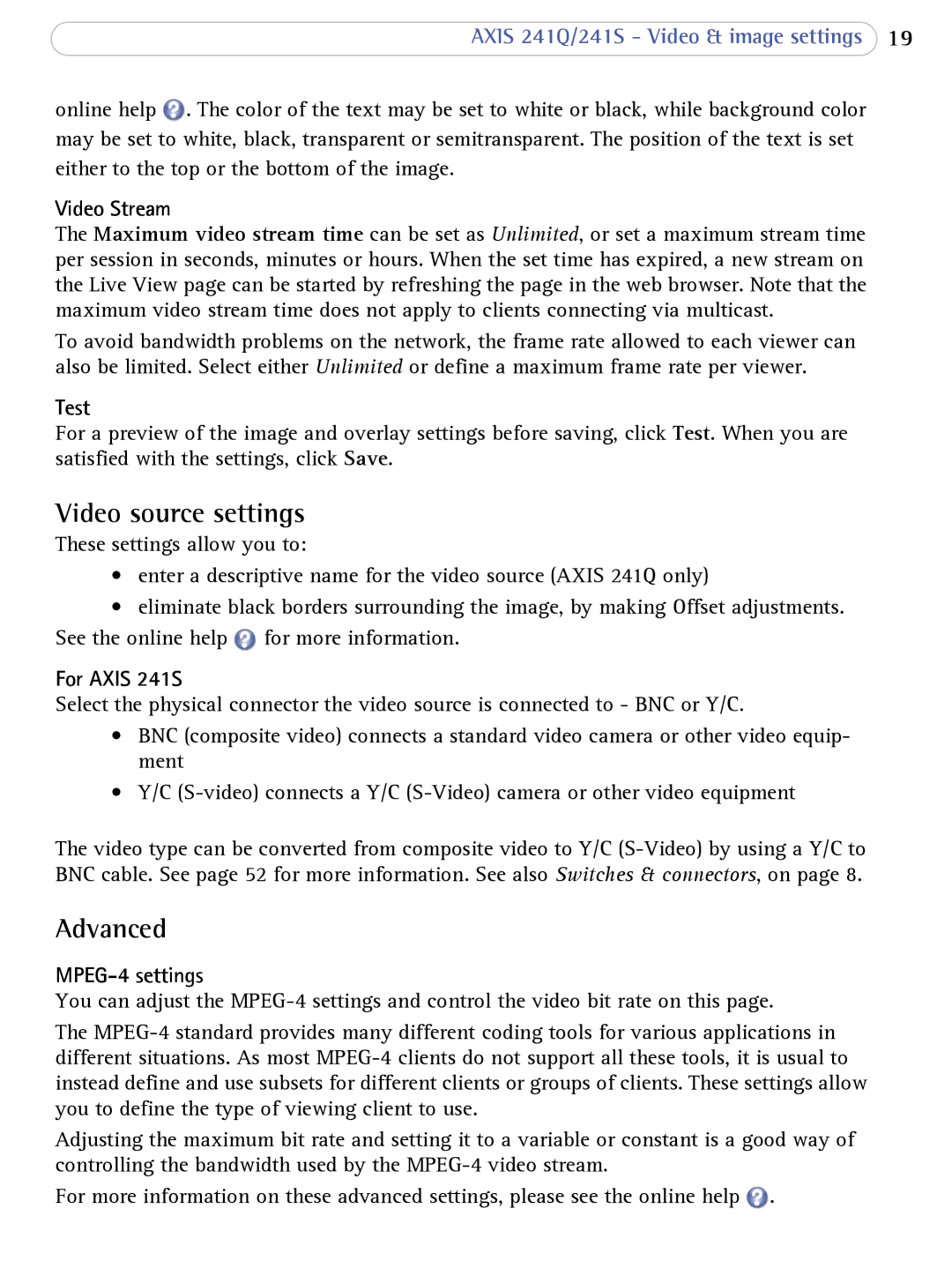 Axis Communications 241Q user manual Video source settings, Advanced 