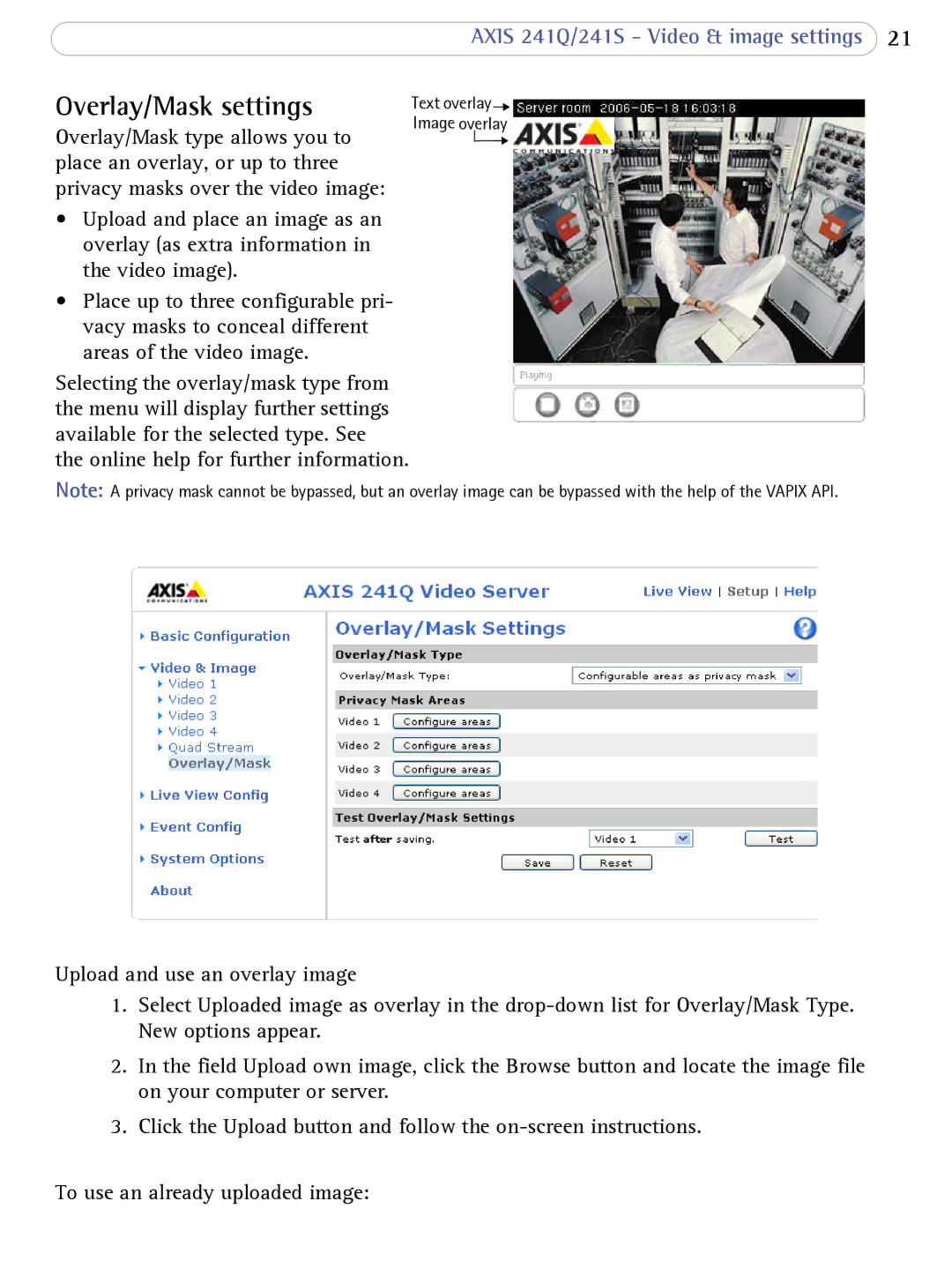 Axis Communications 241Q user manual Overlay/Mask settings 