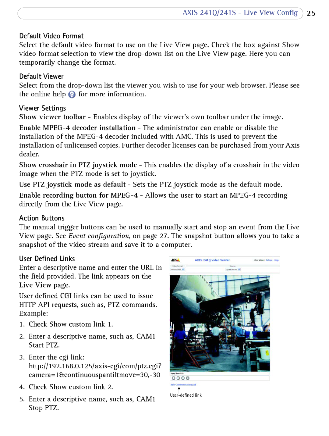 Axis Communications 241Q Default Video Format, Default Viewer, Viewer Settings, Action Buttons, User Defined Links 