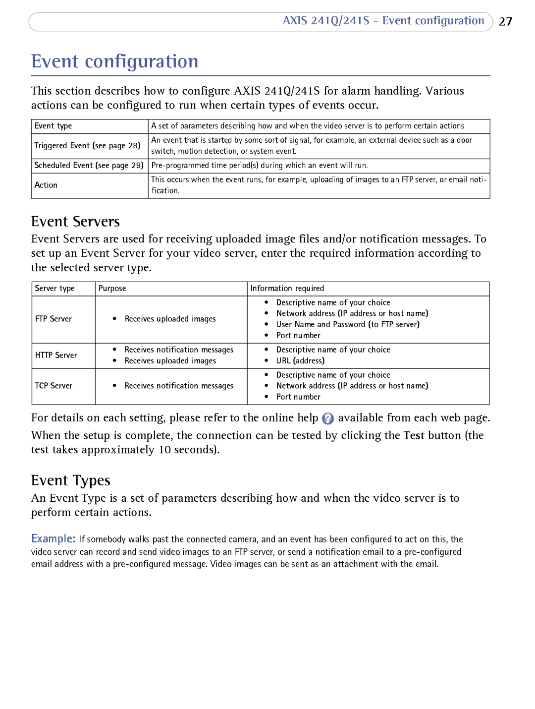 Axis Communications 241Q user manual Event configuration, Event Servers, Event Types, Event type, Action 