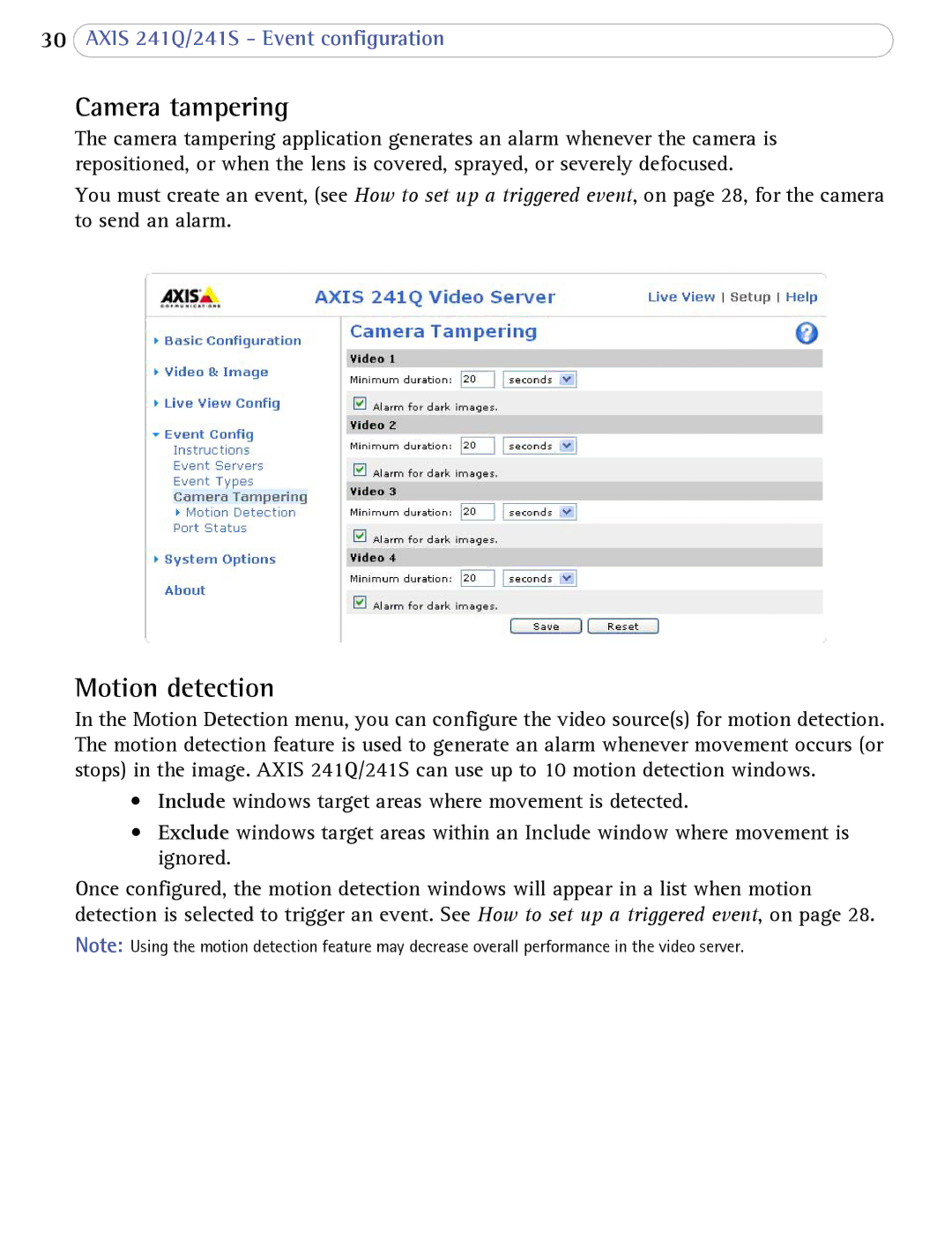 Axis Communications 241Q user manual Camera tampering, Motion detection 