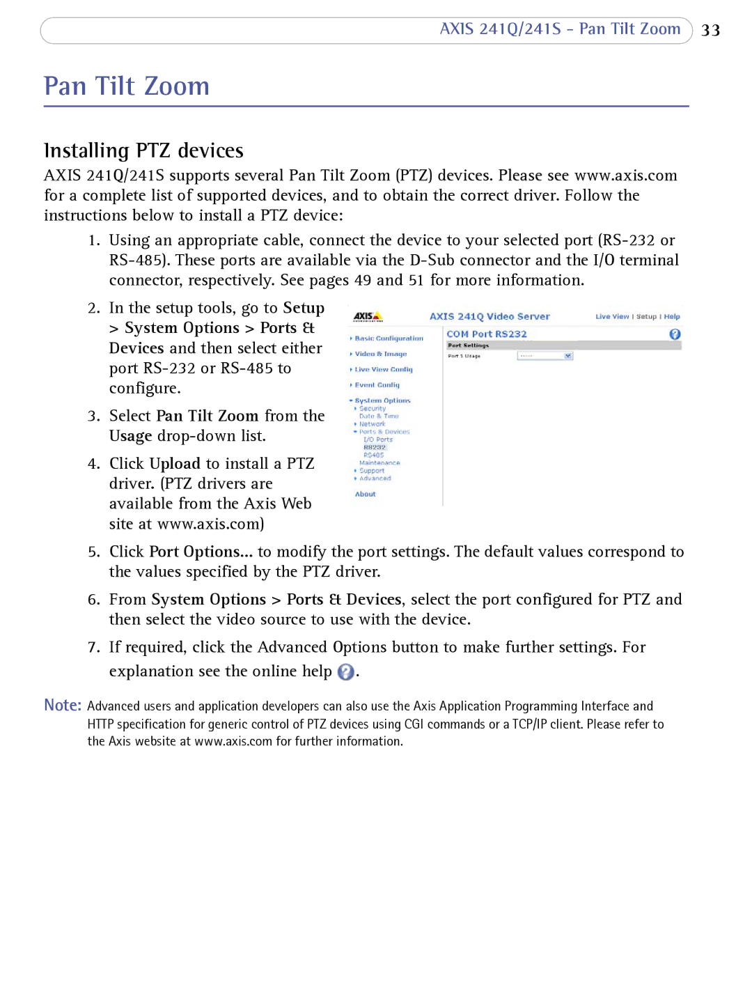 Axis Communications 241Q user manual Pan Tilt Zoom, Installing PTZ devices 