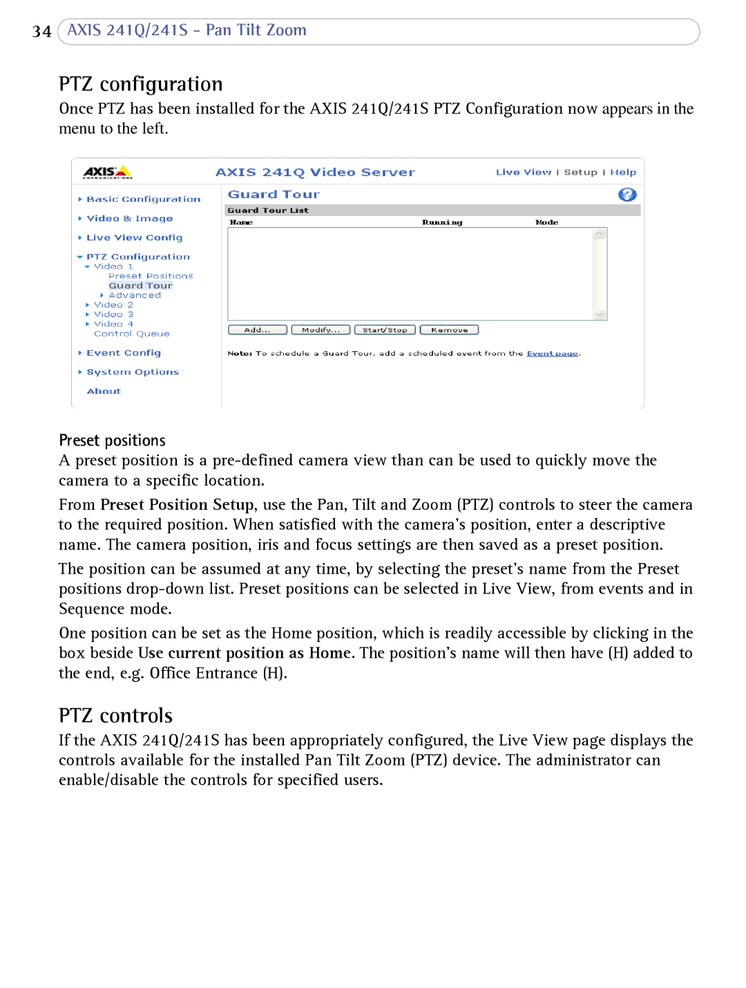 Axis Communications 241Q user manual PTZ configuration, PTZ controls, Preset positions 