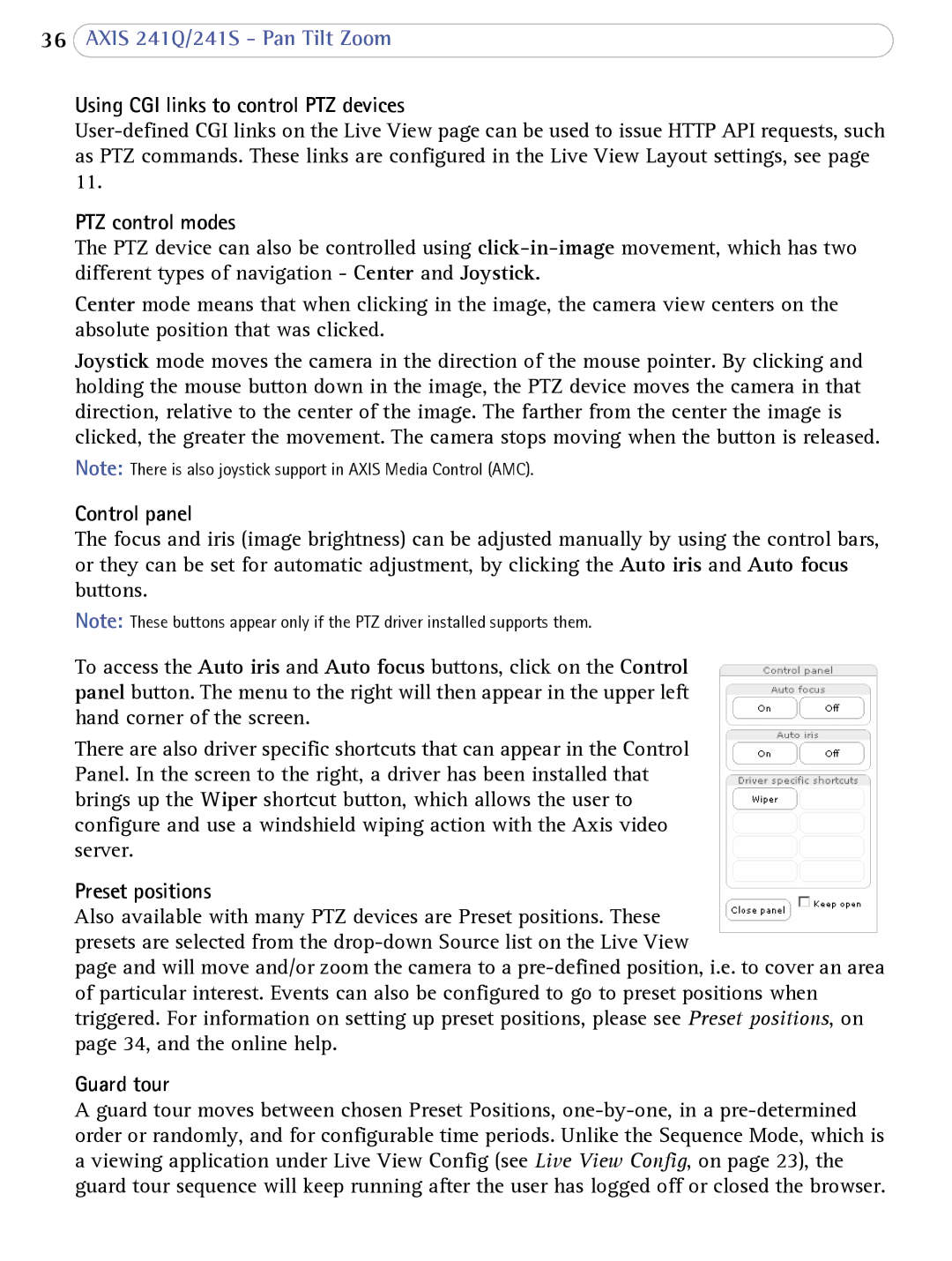 Axis Communications 241Q user manual Using CGI links to control PTZ devices, PTZ control modes, Control panel, Guard tour 