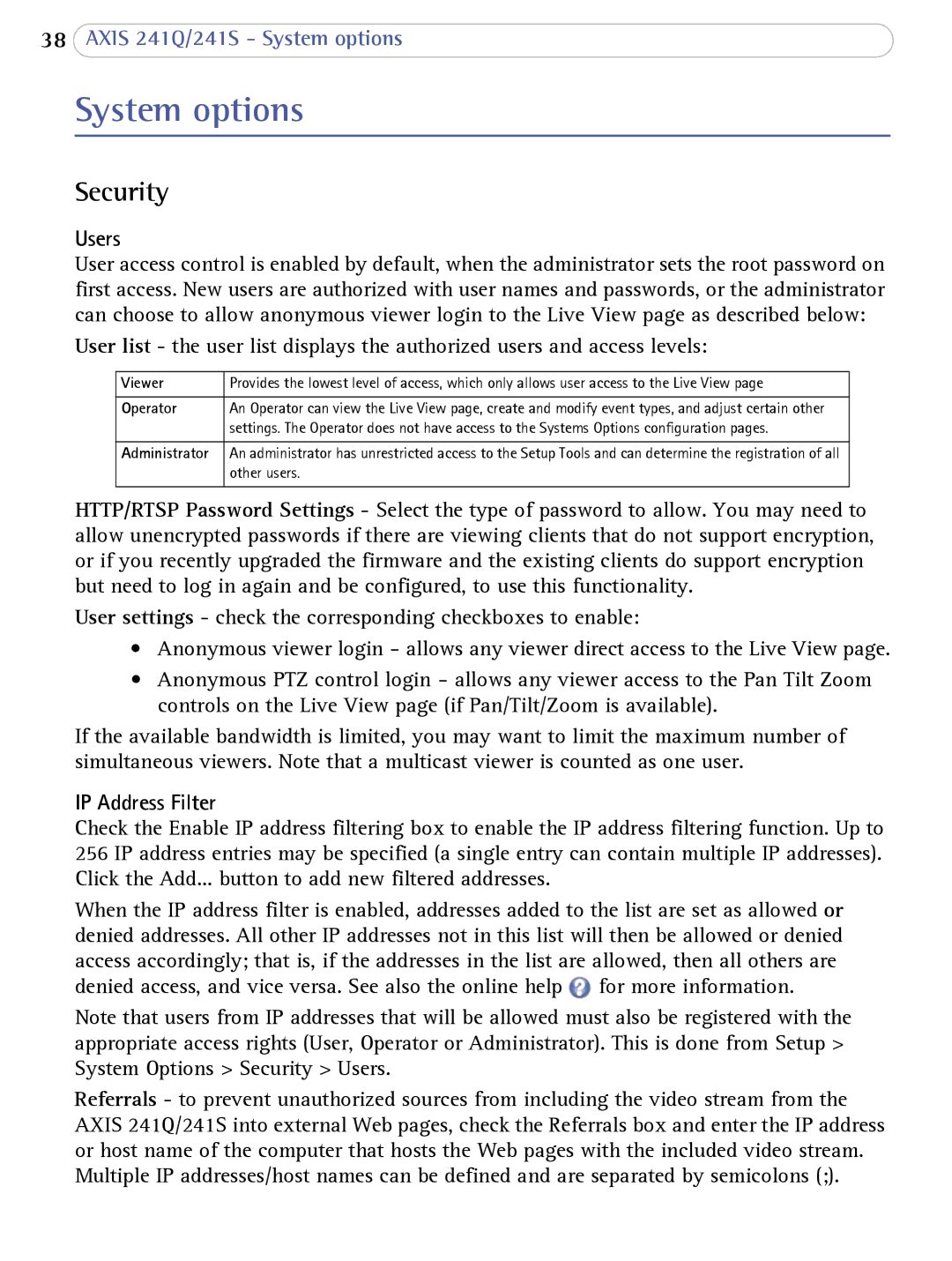 Axis Communications 241Q user manual System options, Security, Users, IP Address Filter 