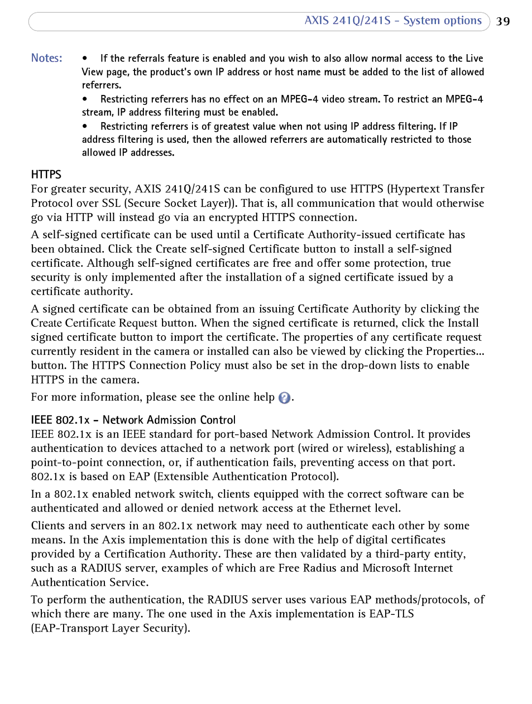 Axis Communications user manual Ieee 802.1x Network Admission Control, Axis 241Q/241S System options 