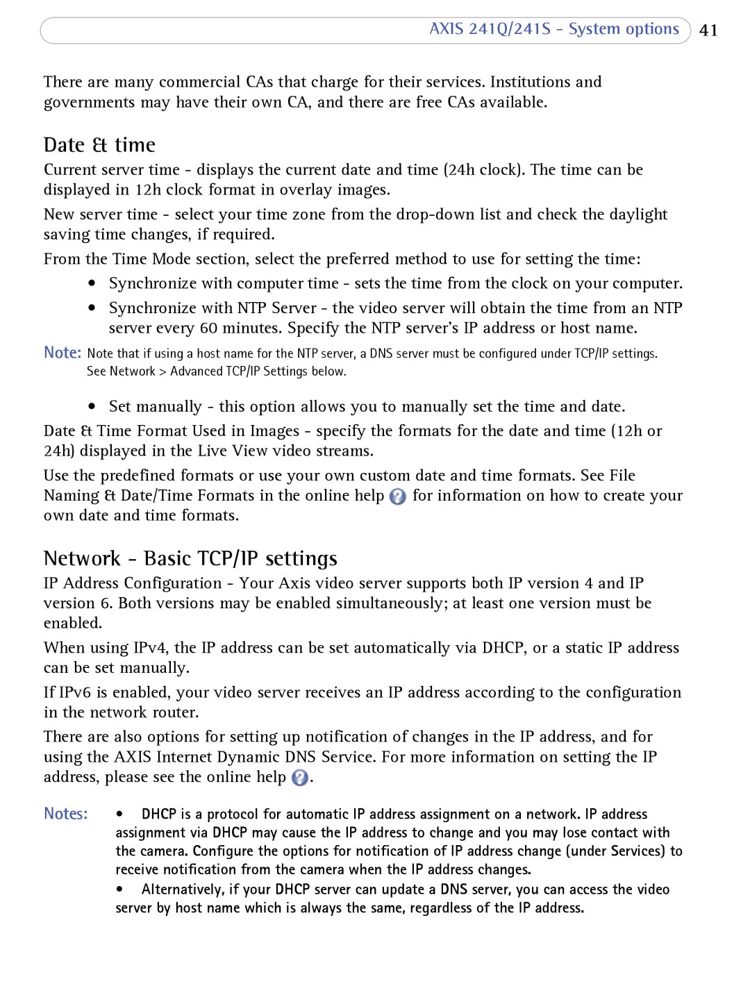 Axis Communications 241Q user manual Date & time, Network Basic TCP/IP settings 