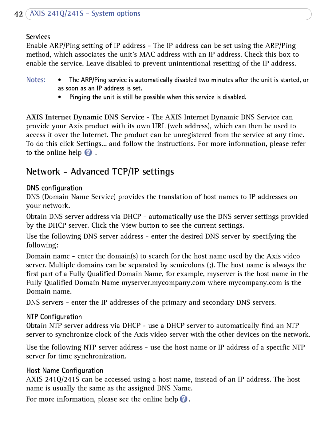 Axis Communications 241Q user manual Network Advanced TCP/IP settings, Services, DNS configuration, NTP Configuration 