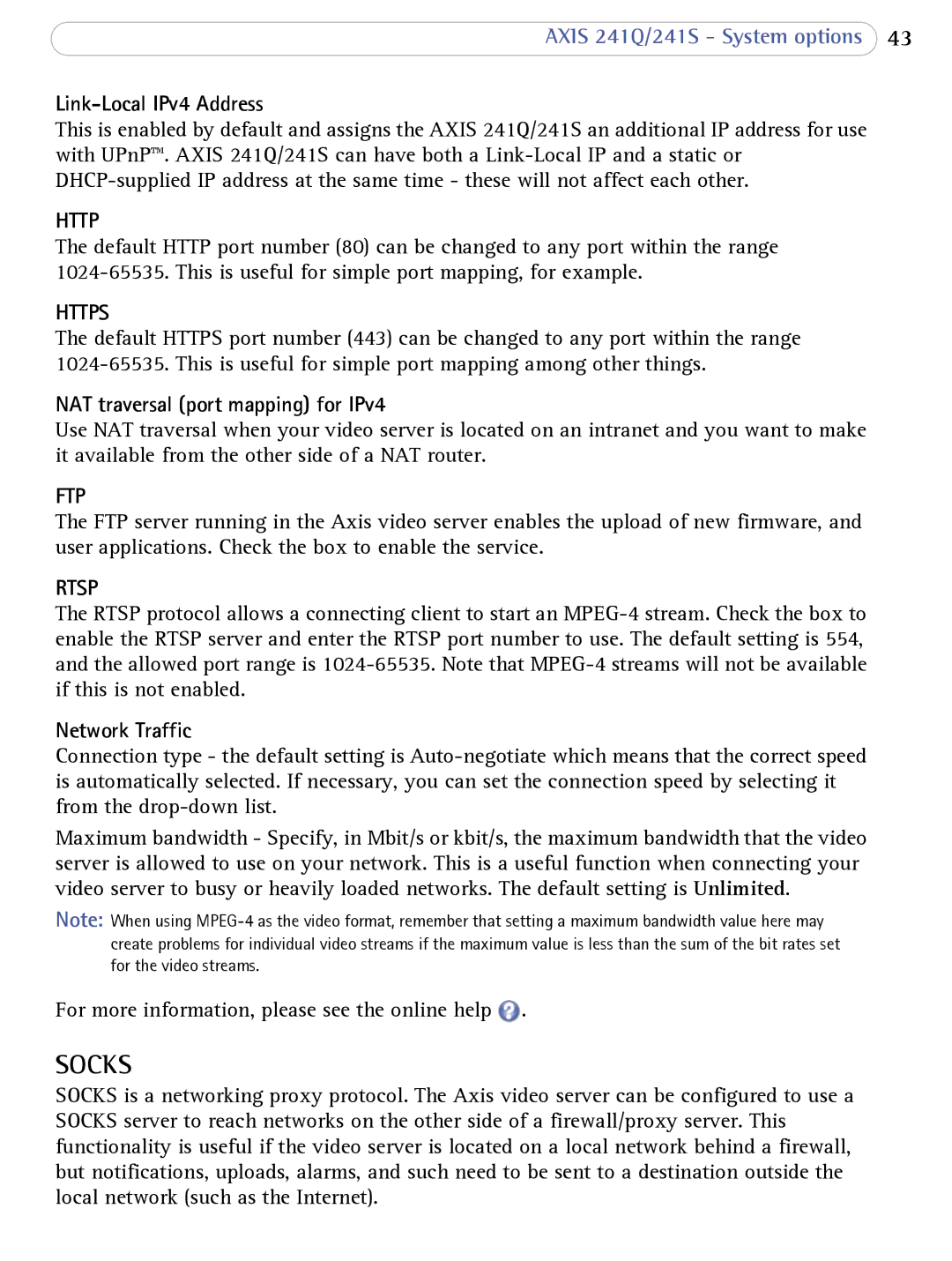 Axis Communications 241Q user manual Link-Local IPv4 Address, NAT traversal port mapping for IPv4, Network Traffic 