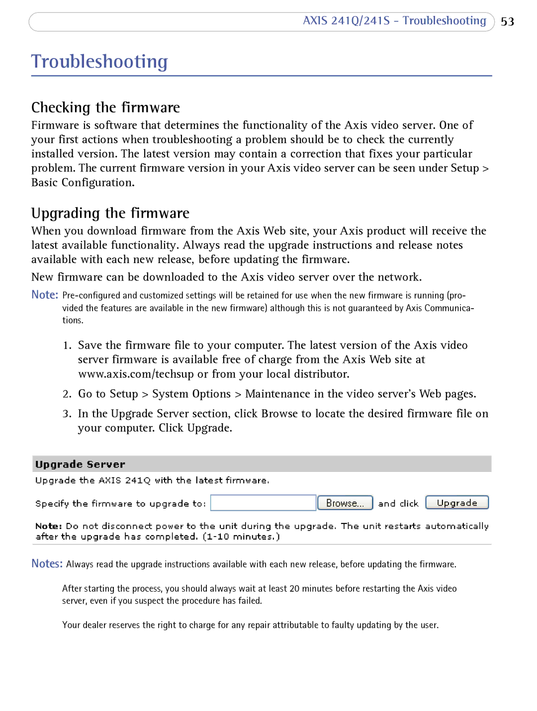 Axis Communications 241Q user manual Troubleshooting, Checking the firmware, Upgrading the firmware 