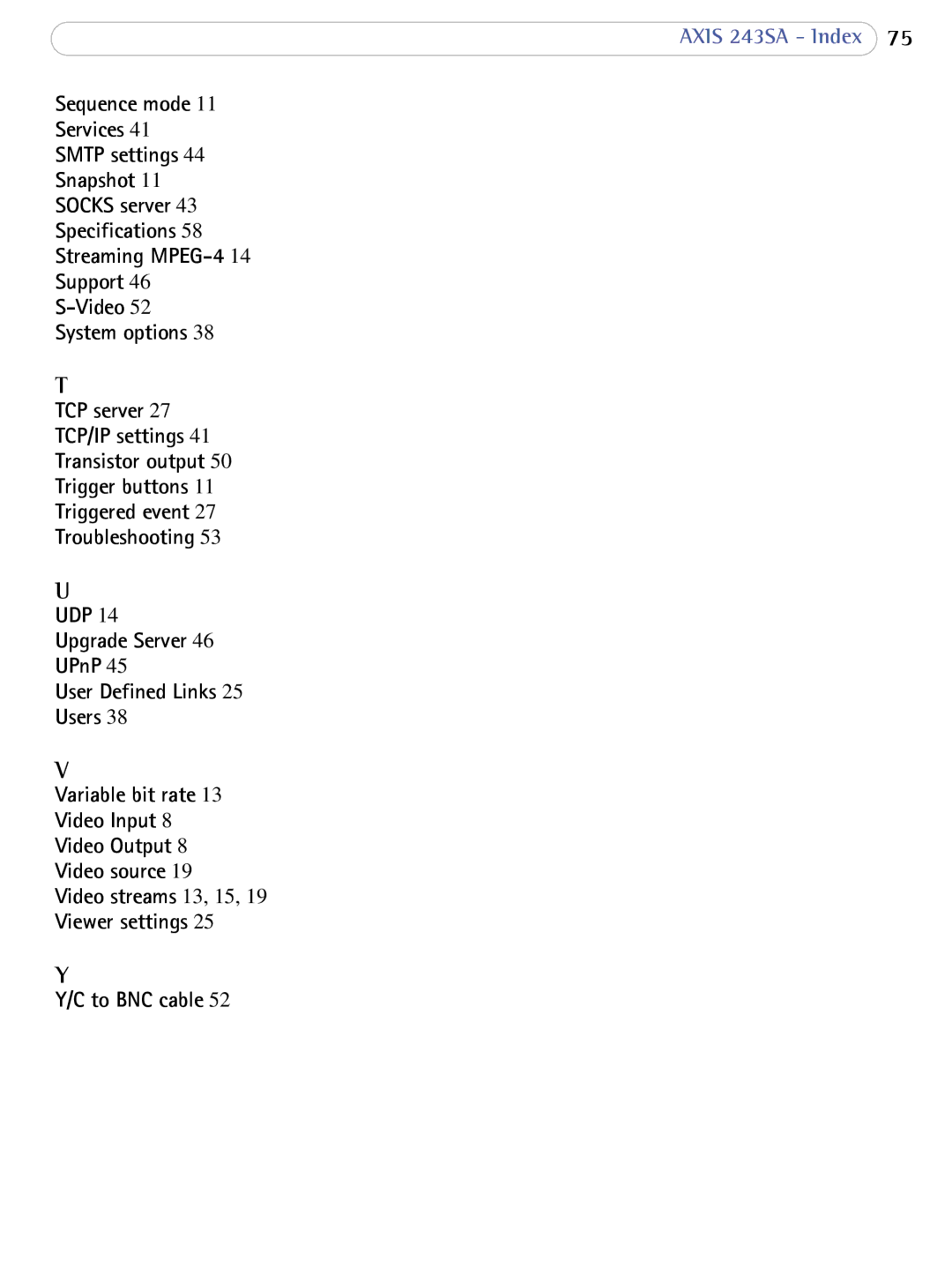 Axis Communications 241Q user manual Axis 243SA Index 