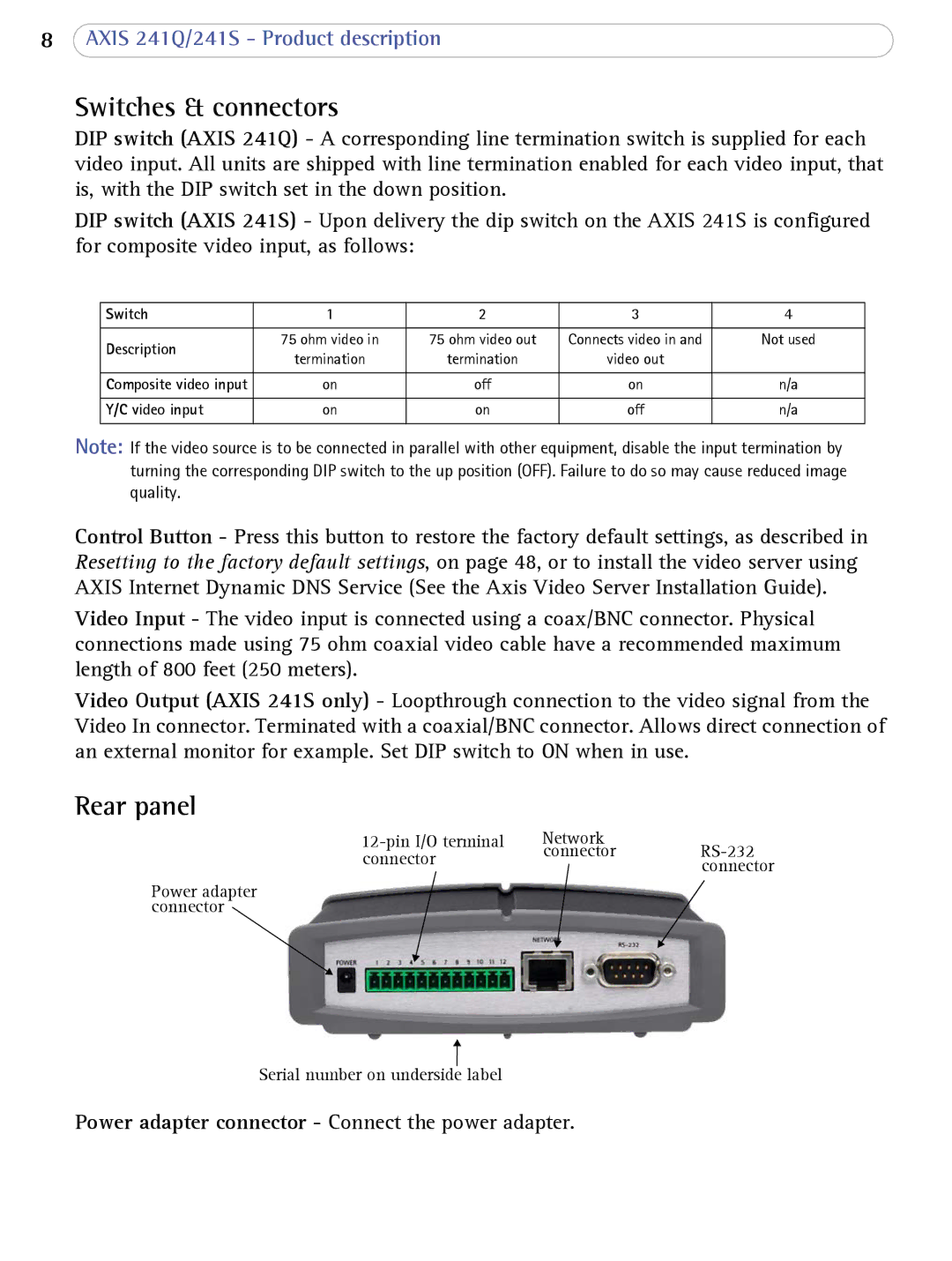 Axis Communications 241Q user manual Switches & connectors, Rear panel, Switch Description, Video input 