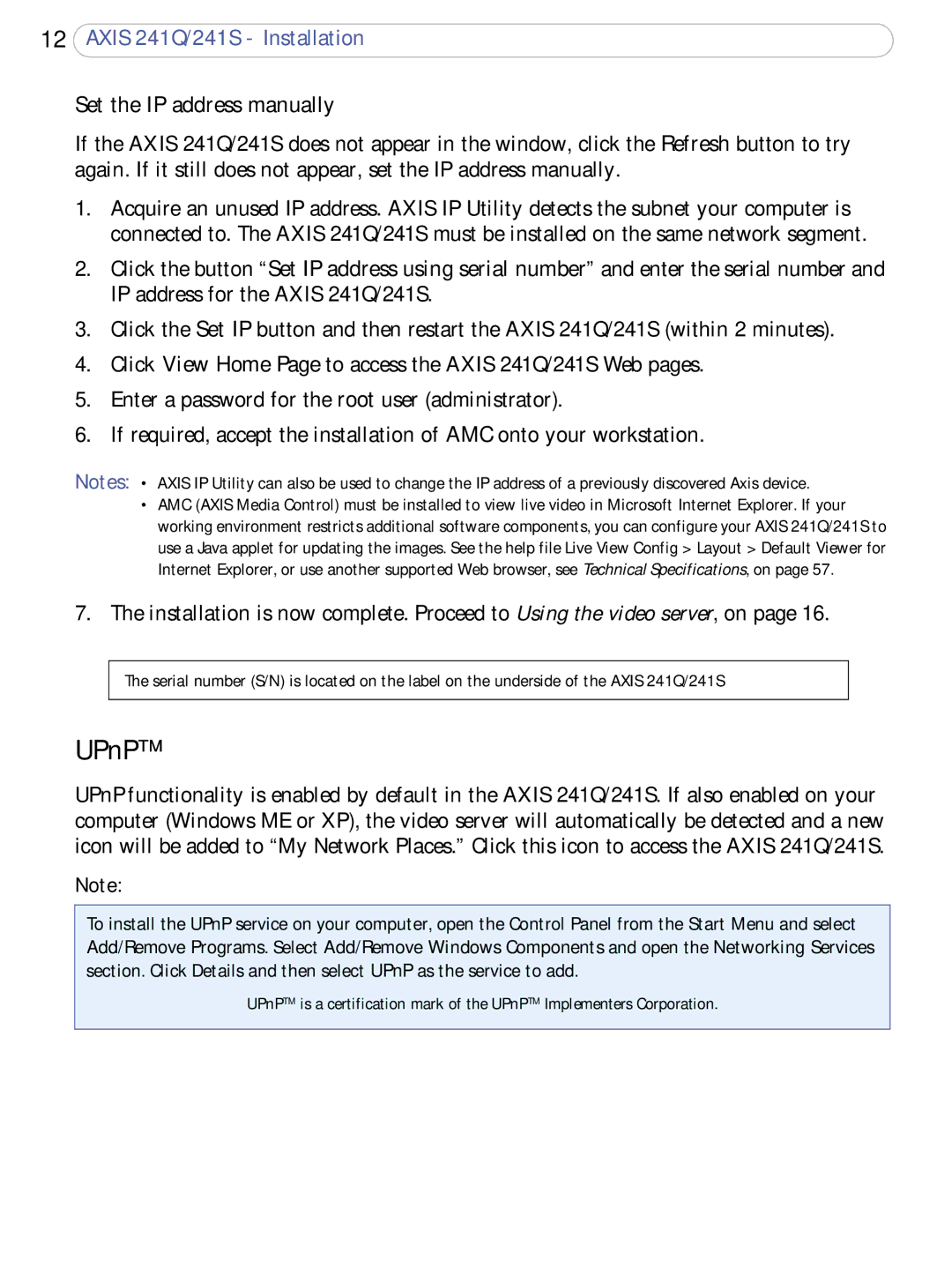 Axis Communications 241S, 241Q user manual UPnP, Set the IP address manually 