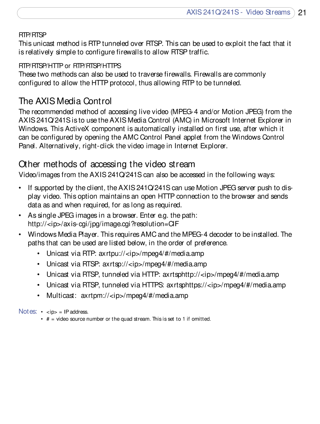 Axis Communications 241Q Axis Media Control, Other methods of accessing the video stream, RTP/RTSP/HTTP or RTP/RTSP/HTTPS 