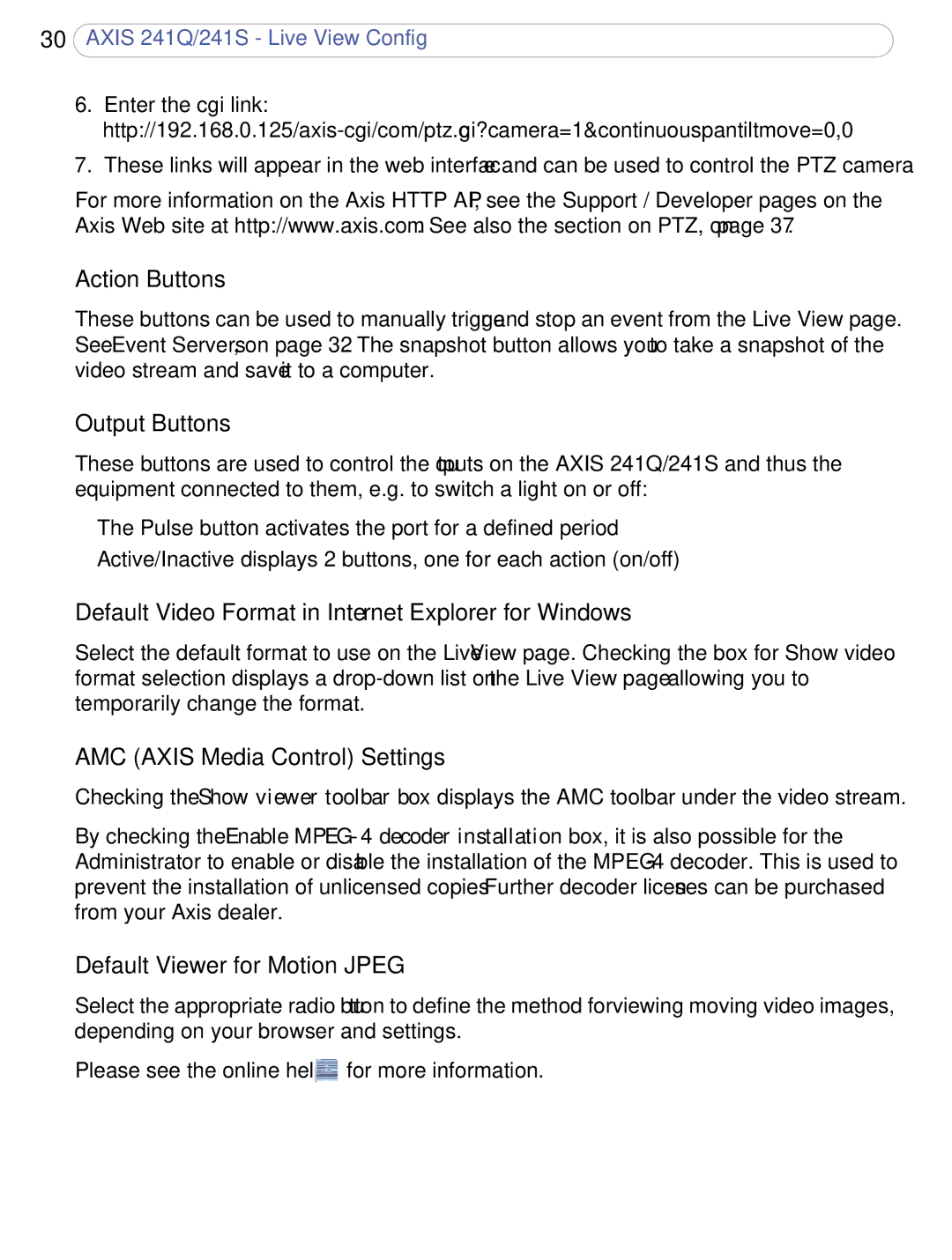 Axis Communications 241S, 241Q Action Buttons, Output Buttons, Default Video Format in Internet Explorer for Windows 