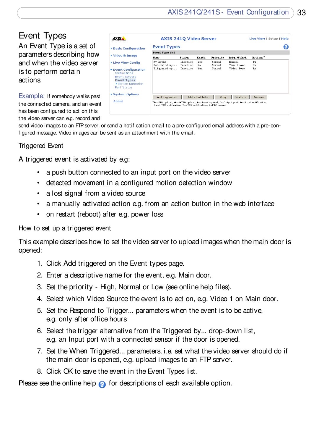 Axis Communications 241Q, 241S user manual Event Types, Triggered Event, How to set up a triggered event 